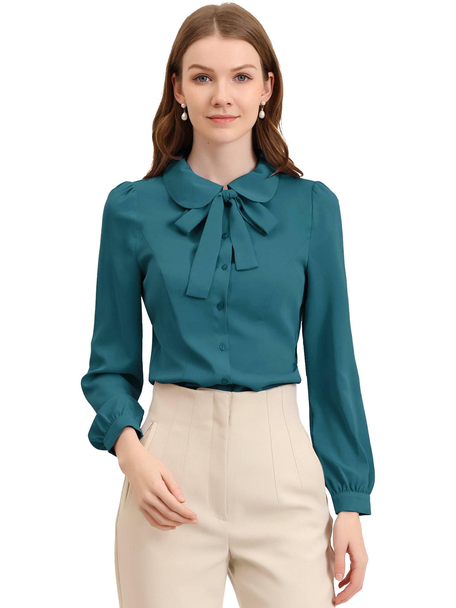 Peter Pan Collar Chiffon Bow Tie Neck Puff Sleeve Button Blouse