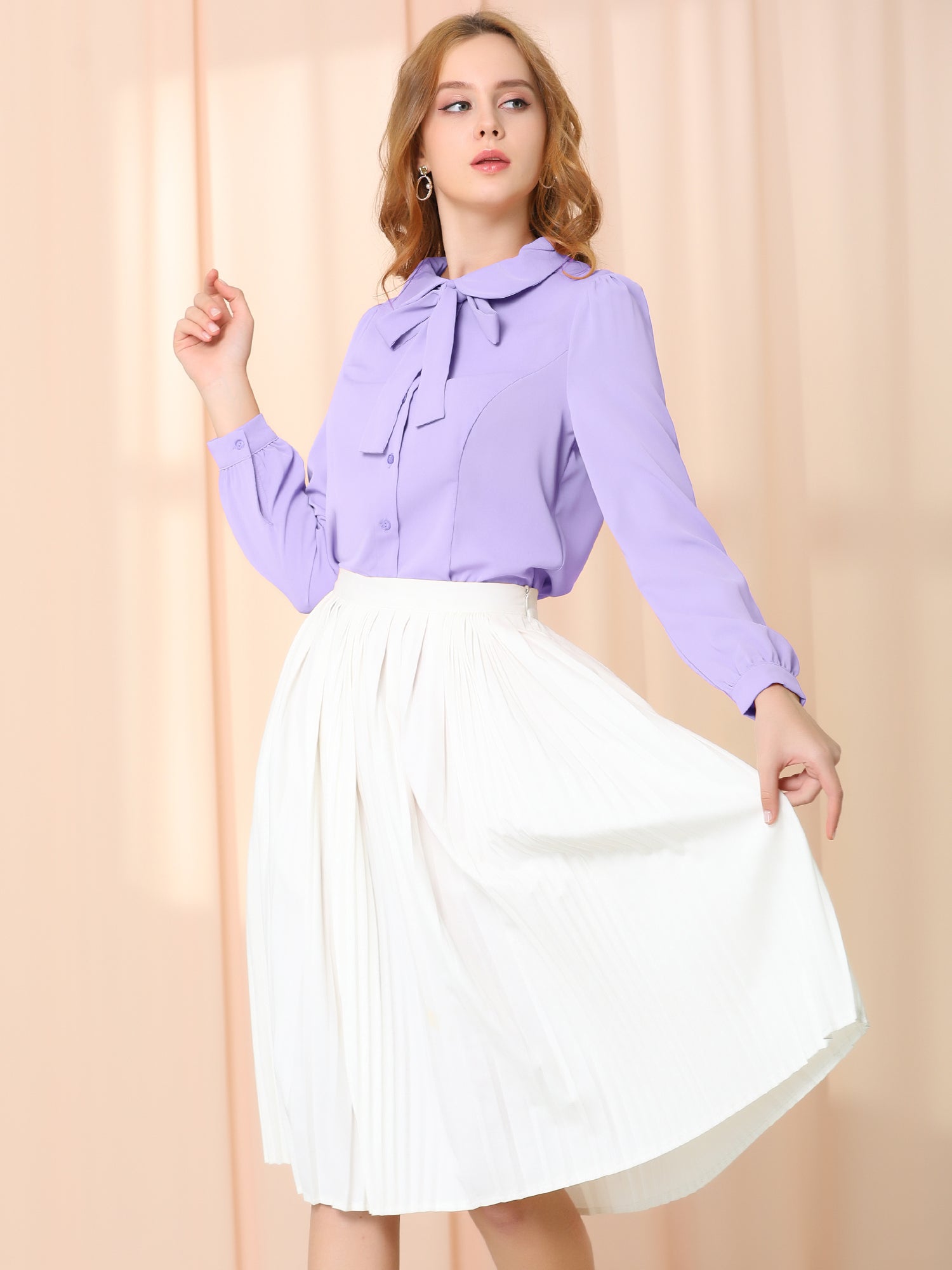 Peter Pan Collar Chiffon Bow Tie Neck Puff Sleeve Button Blouse
