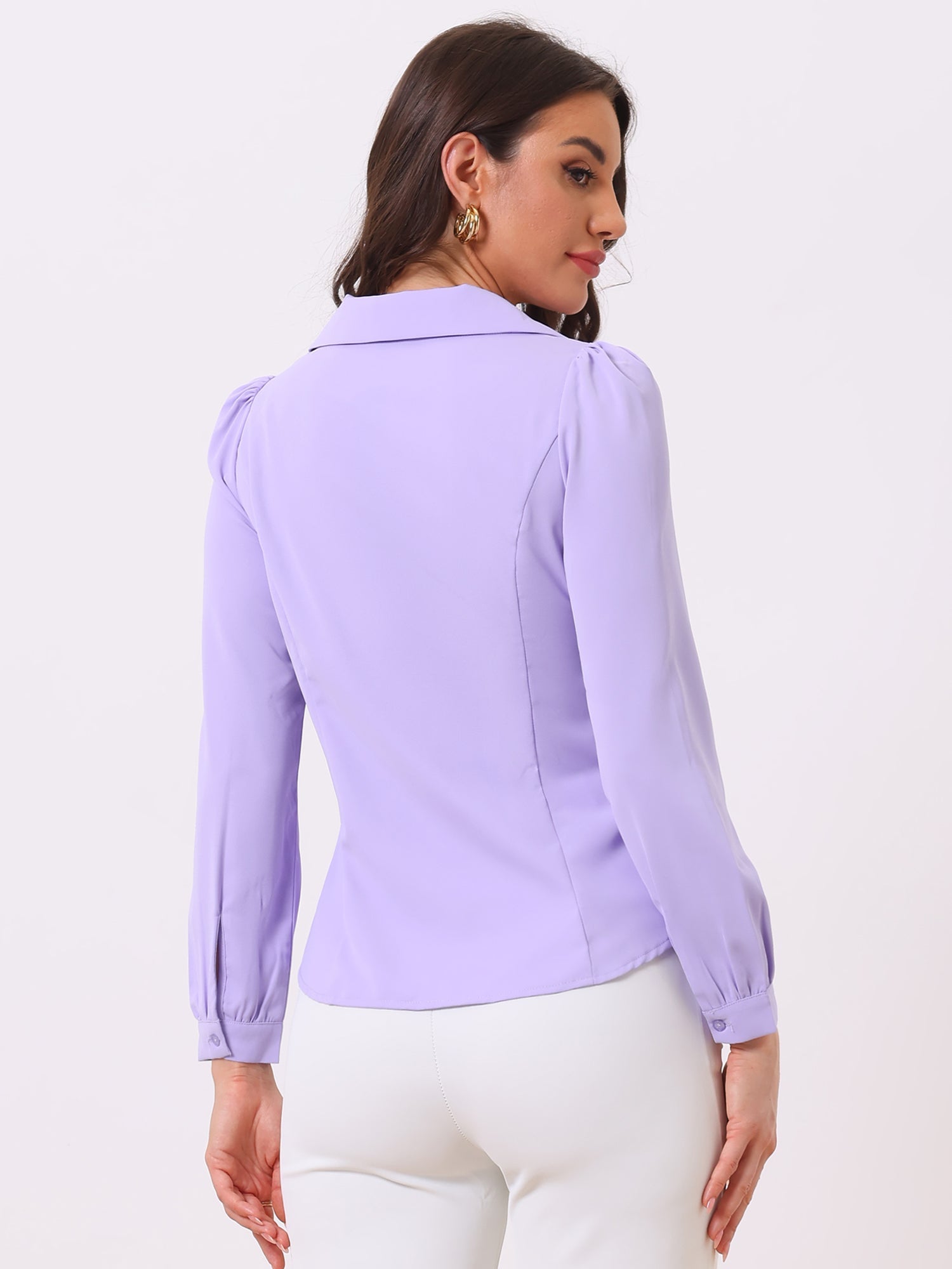 Peter Pan Collar Chiffon Bow Tie Neck Puff Sleeve Button Blouse