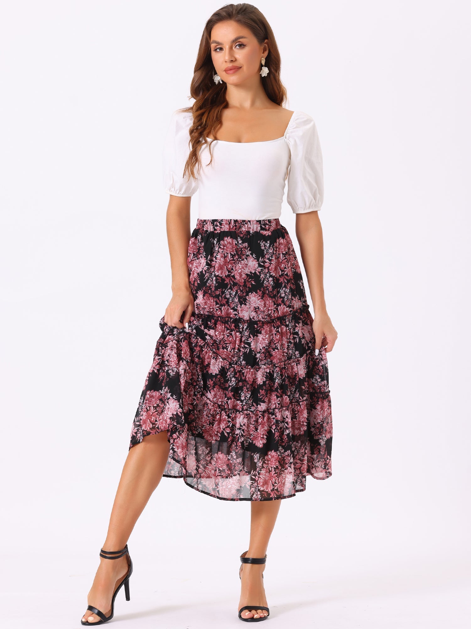 Chiffon Floral Printed Long Tiered Ruffle Boho Midi Skirt
