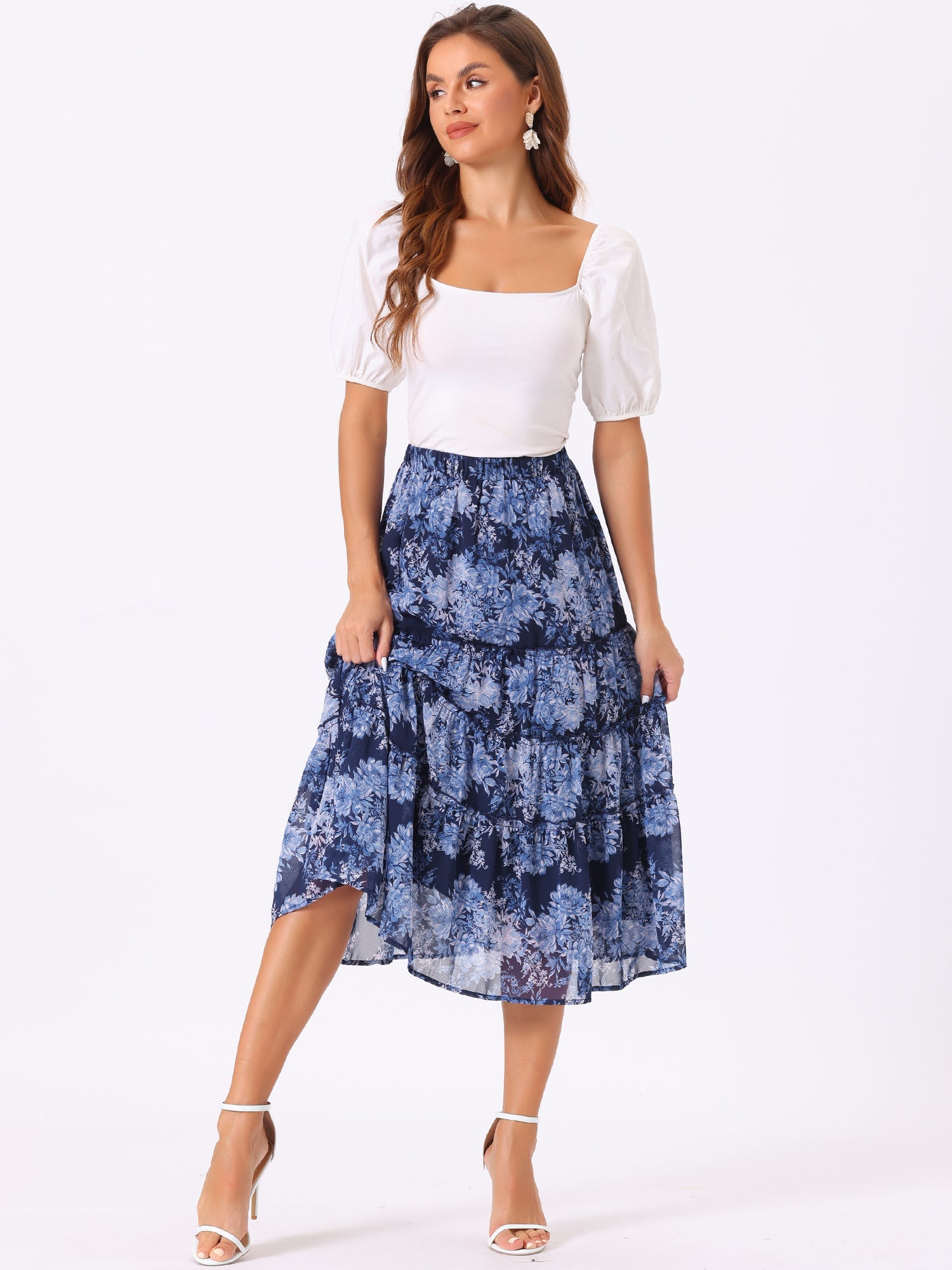 Ruffle Boho Chiffon Floral Printed Long Tiered Midi Skirt