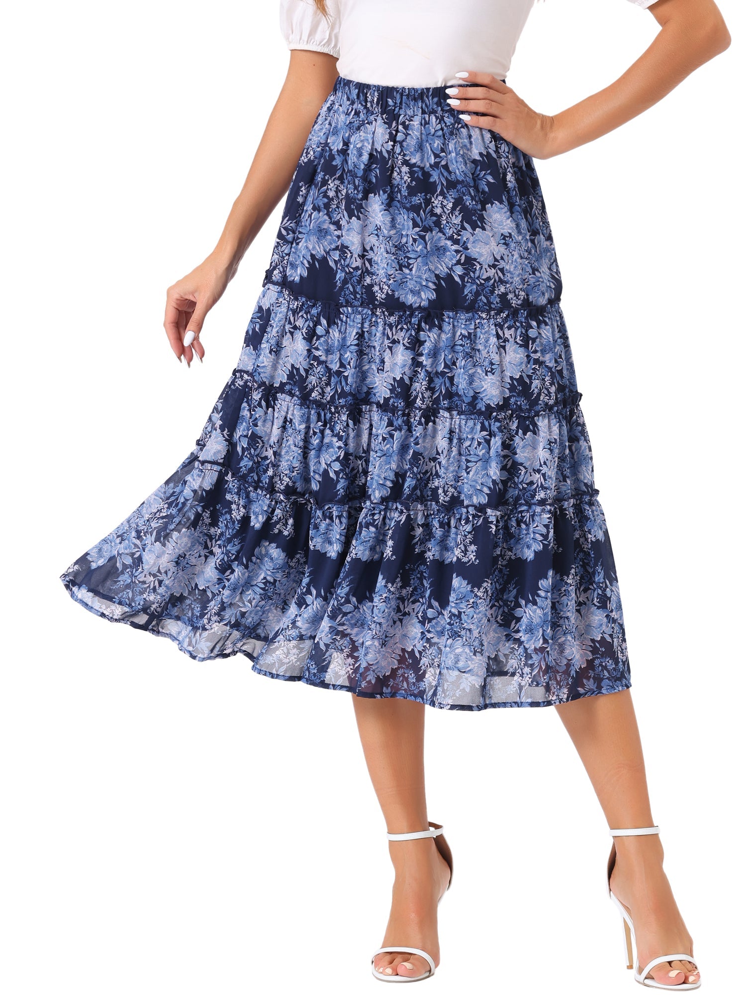 Ruffle Boho Chiffon Floral Printed Long Tiered Midi Skirt
