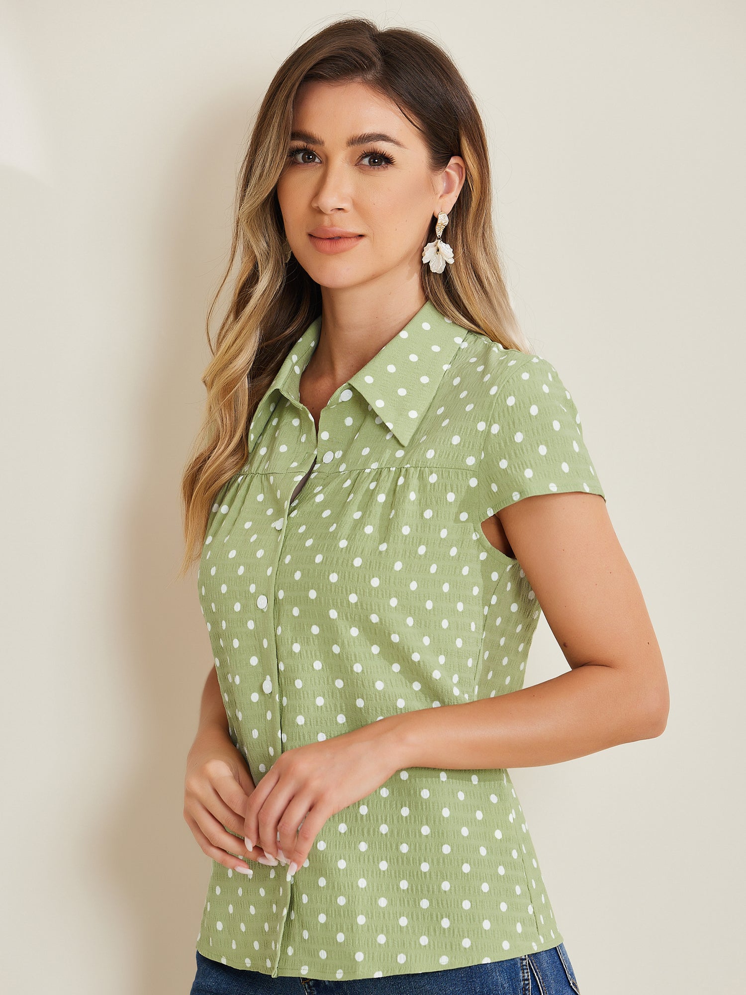 Short Sleeve Tops Vintage Polka Dots Button Up Shirt