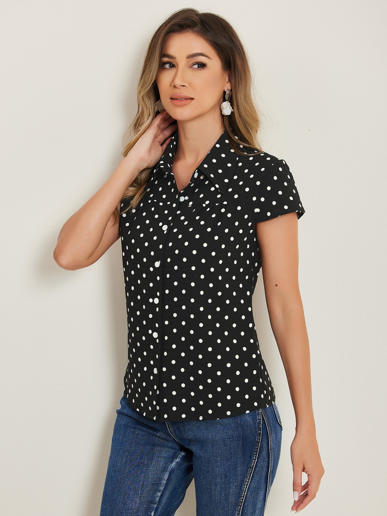 Short Sleeve Tops Vintage Polka Dots Button Up Shirt