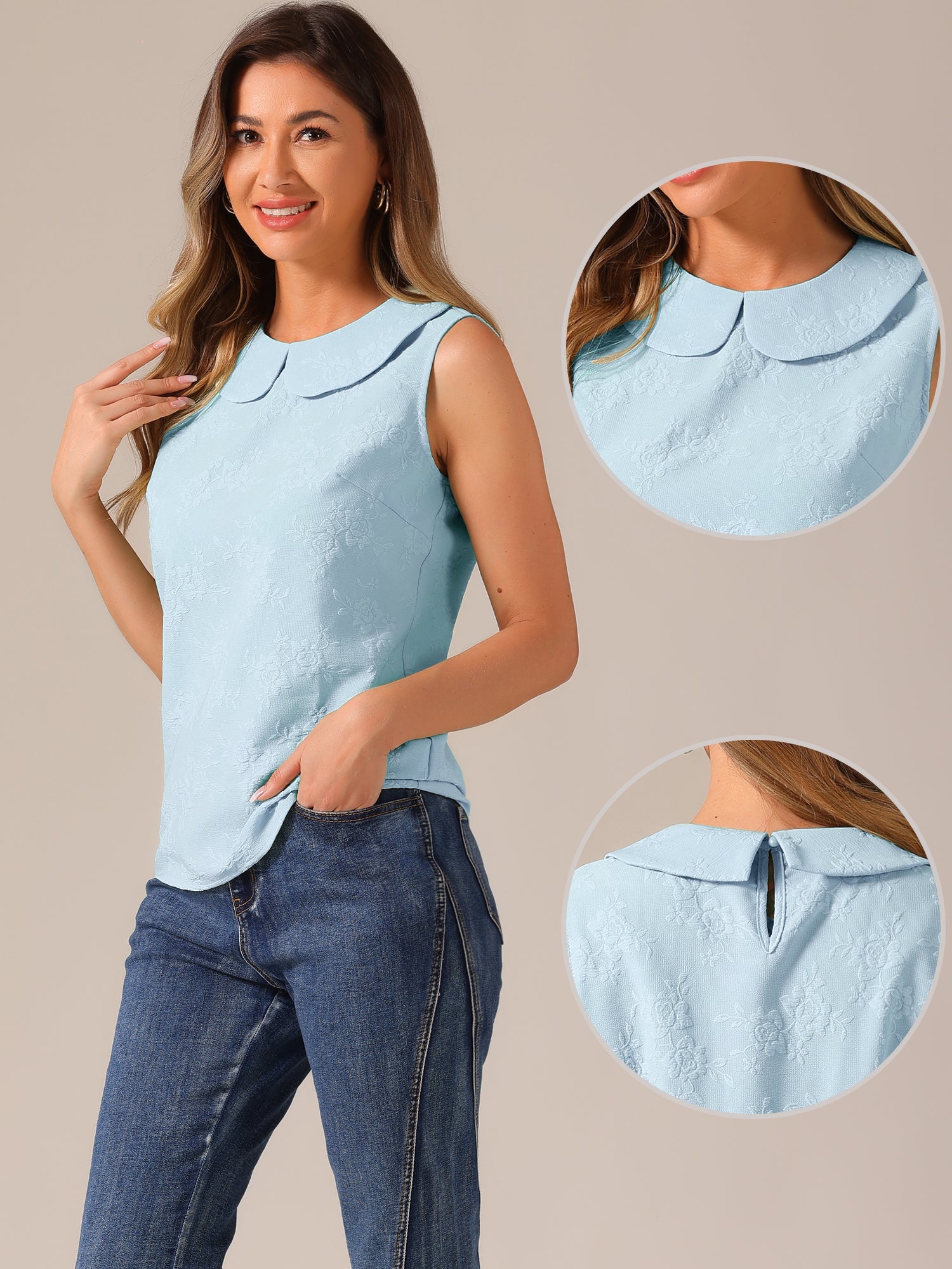 Peter Pan Collar Casual Sleeveless Jacquard Floral Tank Top