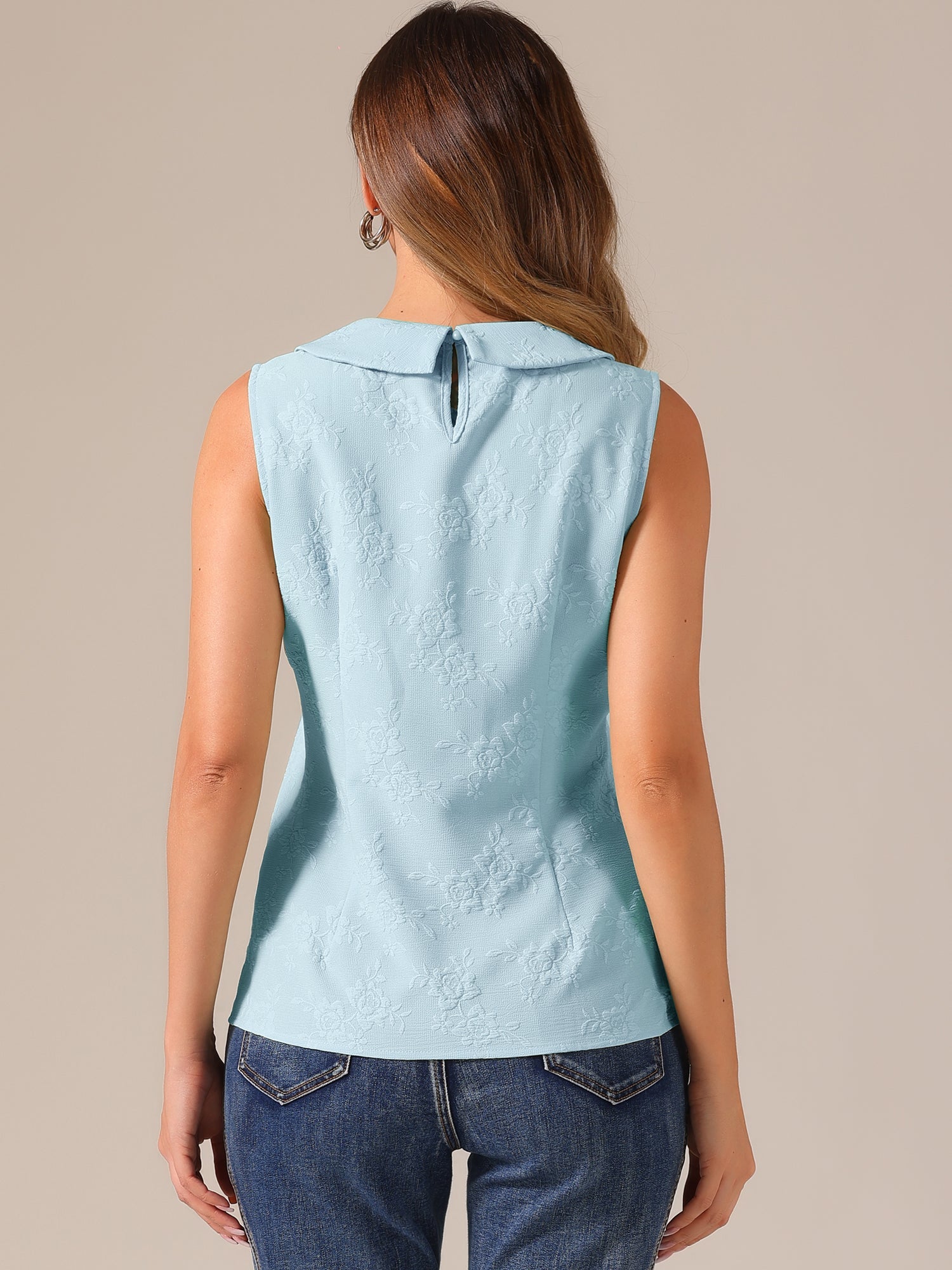 Peter Pan Collar Casual Sleeveless Jacquard Floral Tank Top