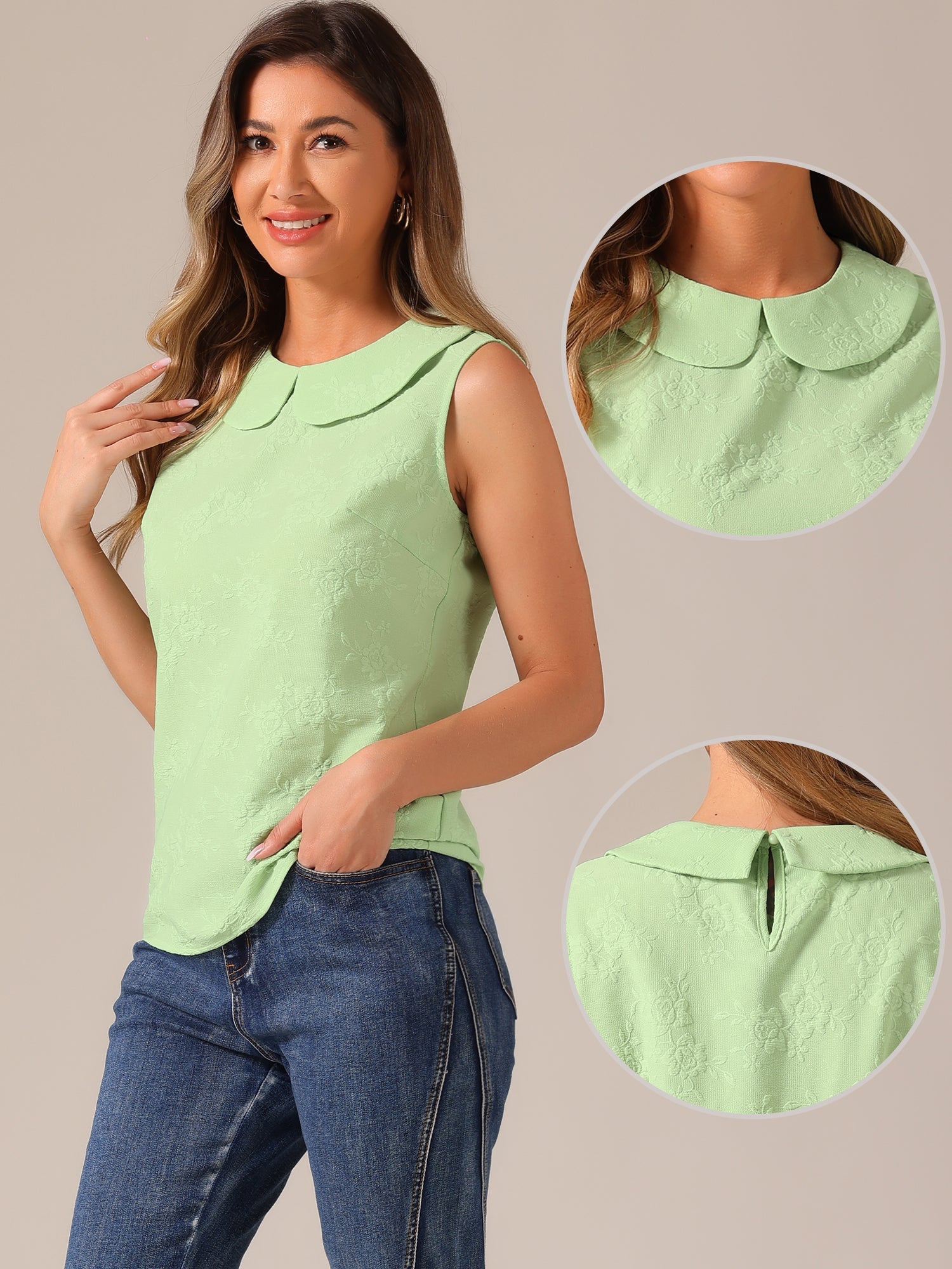 Peter Pan Collar Casual Sleeveless Jacquard Floral Tank Top