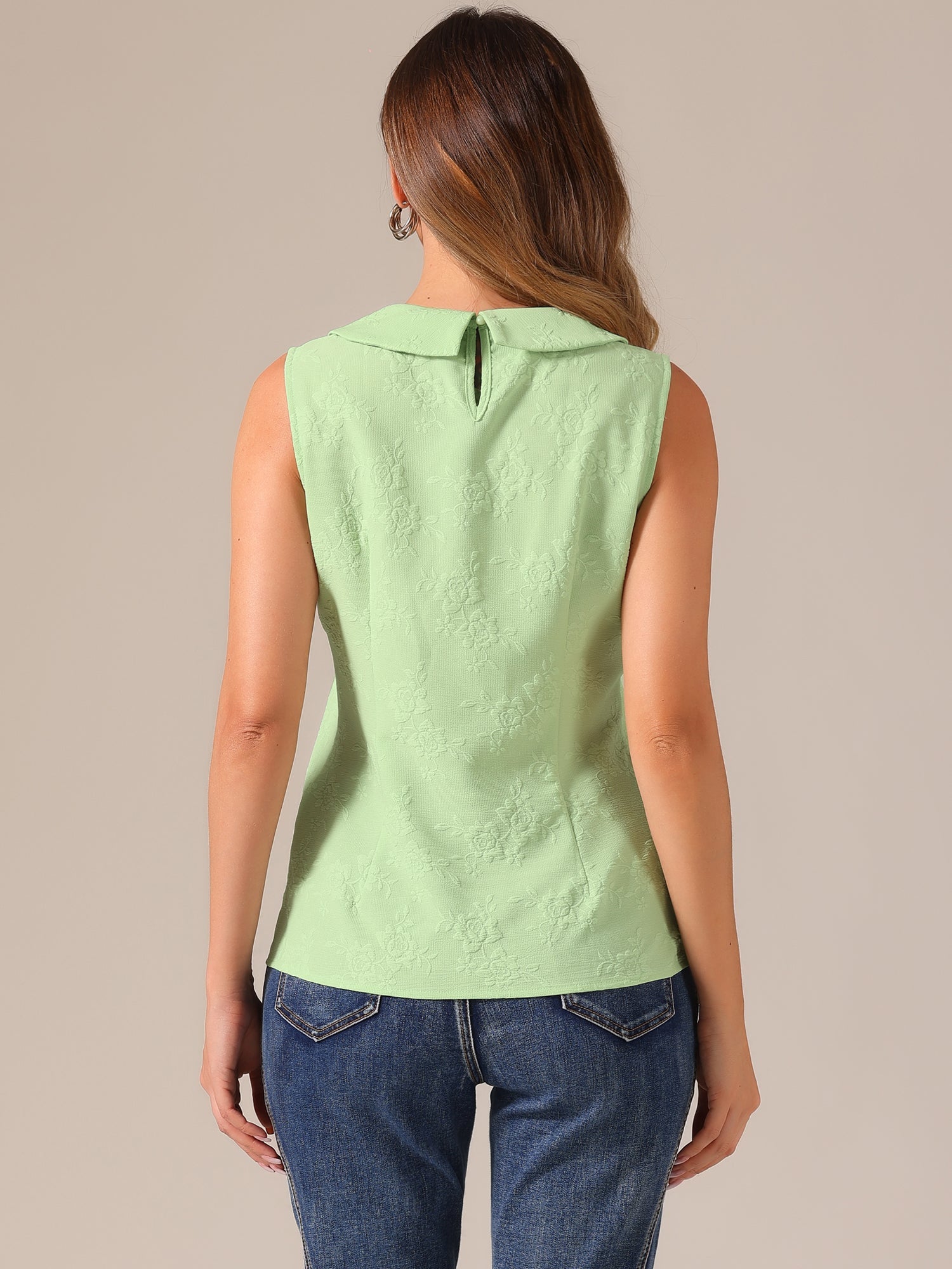Peter Pan Collar Casual Sleeveless Jacquard Floral Tank Top