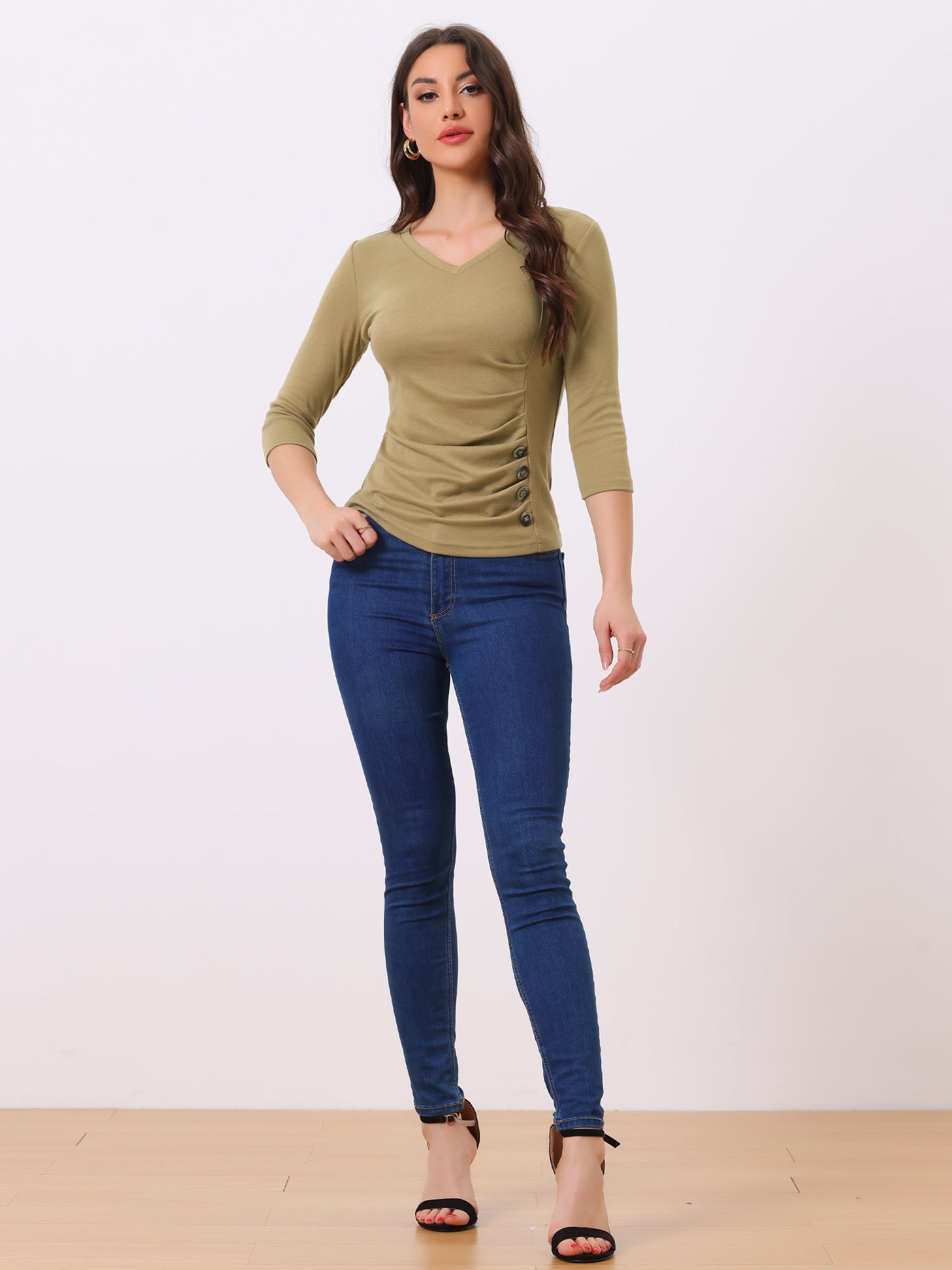 3/4 Sleeve Solid Knitted Button Decor Ruched Blouse
