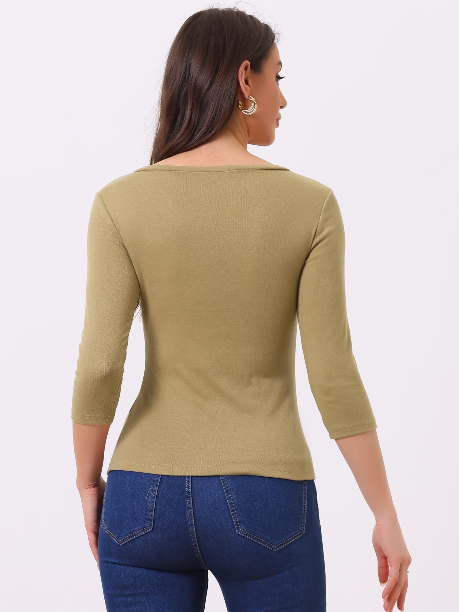 3/4 Sleeve Solid Knitted Button Decor Ruched Blouse