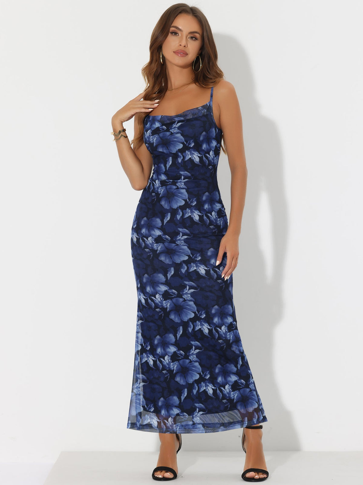 Spaghetti Strap Mesh Floral Sleeveless Bodycon Cocktail Maxi Dress Sundress