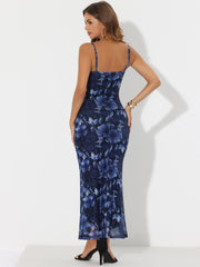 Spaghetti Strap Mesh Floral Sleeveless Bodycon Cocktail Maxi Dress Sundress