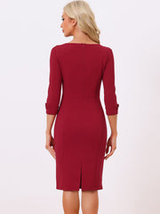 3/4 Sleeve Notch Neck Slim Fit Work Pencil Midi Dress