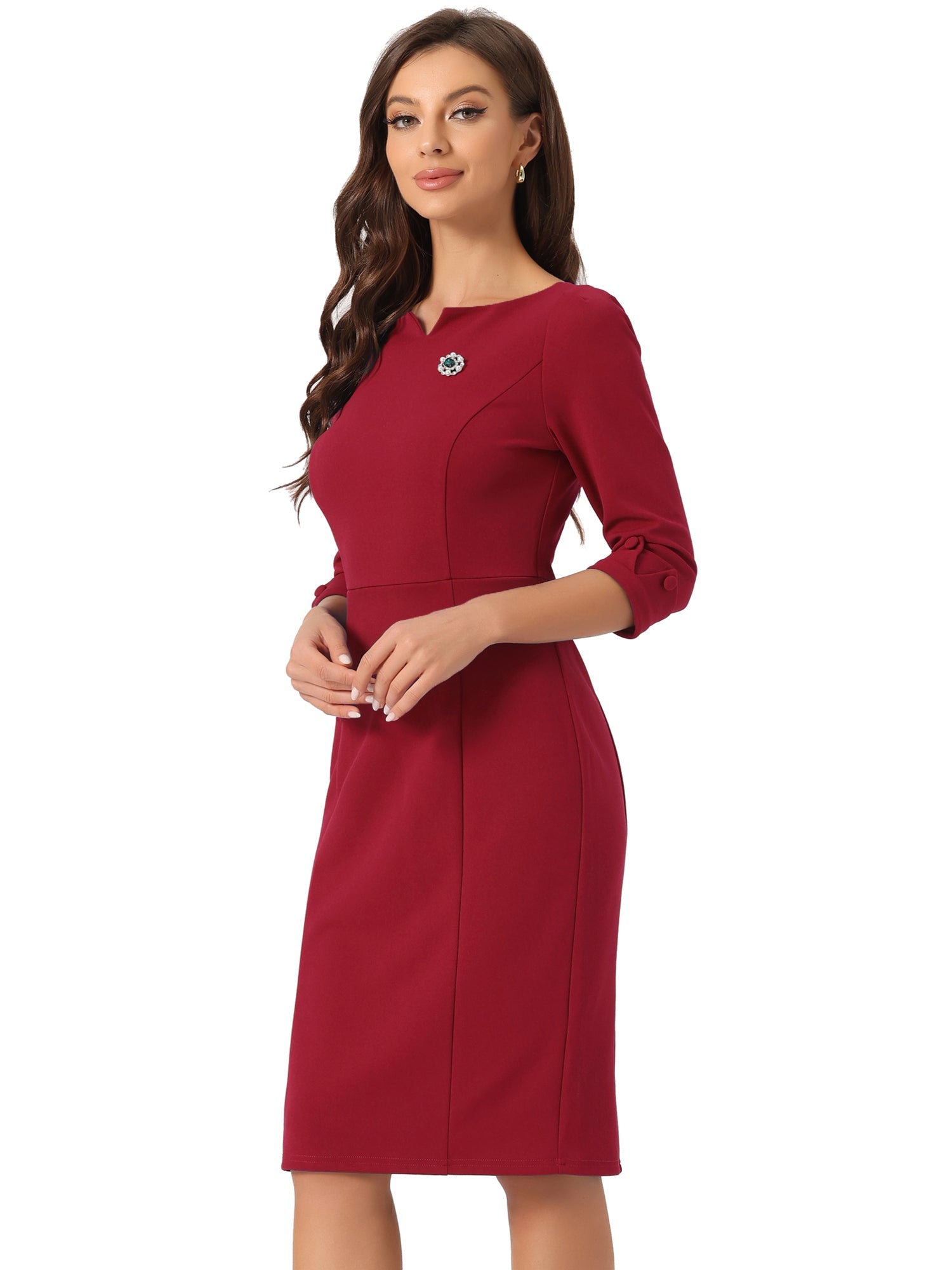 3/4 Sleeve Notch Neck Slim Fit Work Pencil Midi Dress