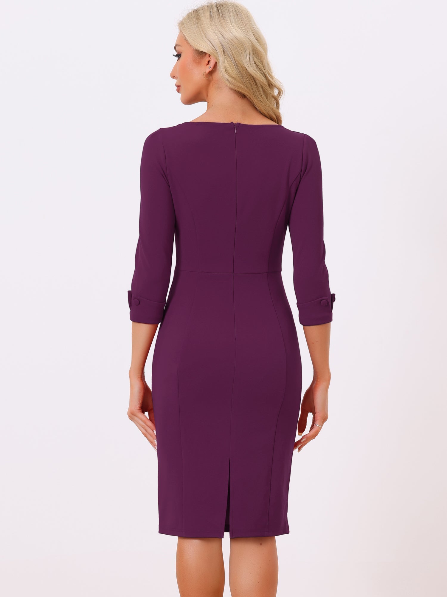 3/4 Sleeve Notch Neck Slim Fit Work Pencil Midi Dress