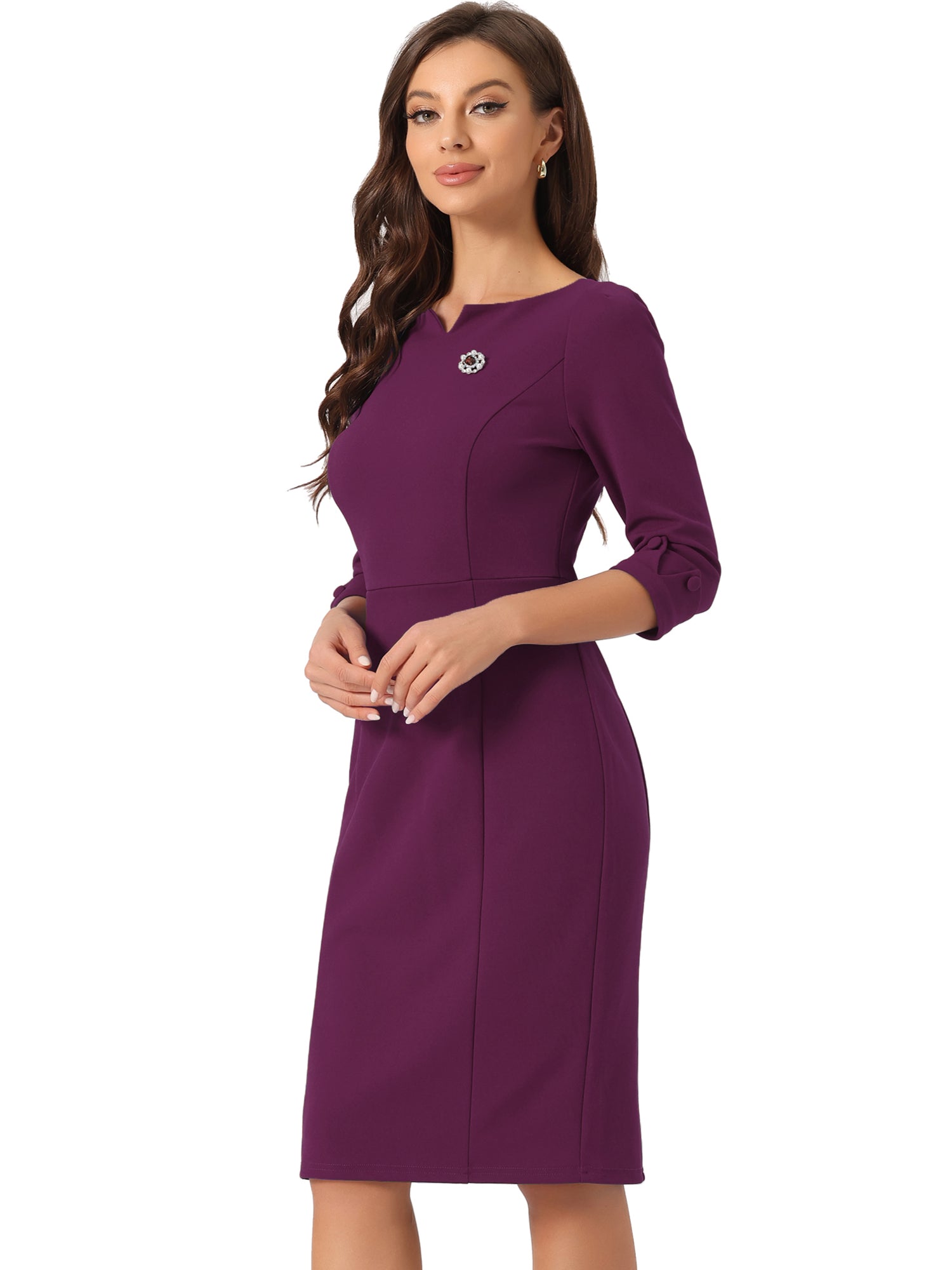 3/4 Sleeve Notch Neck Slim Fit Work Pencil Midi Dress