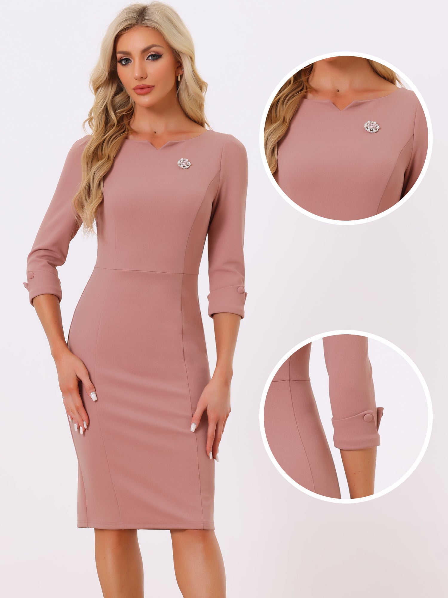 3/4 Sleeve Notch Neck Slim Fit Work Pencil Midi Dress