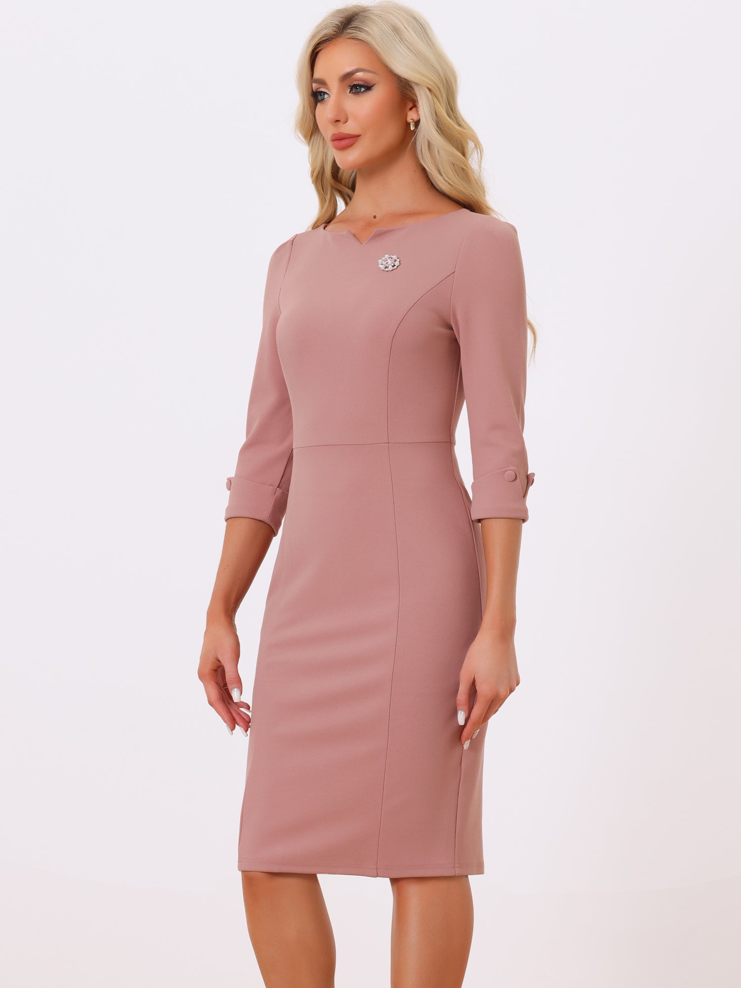 3/4 Sleeve Notch Neck Slim Fit Work Pencil Midi Dress