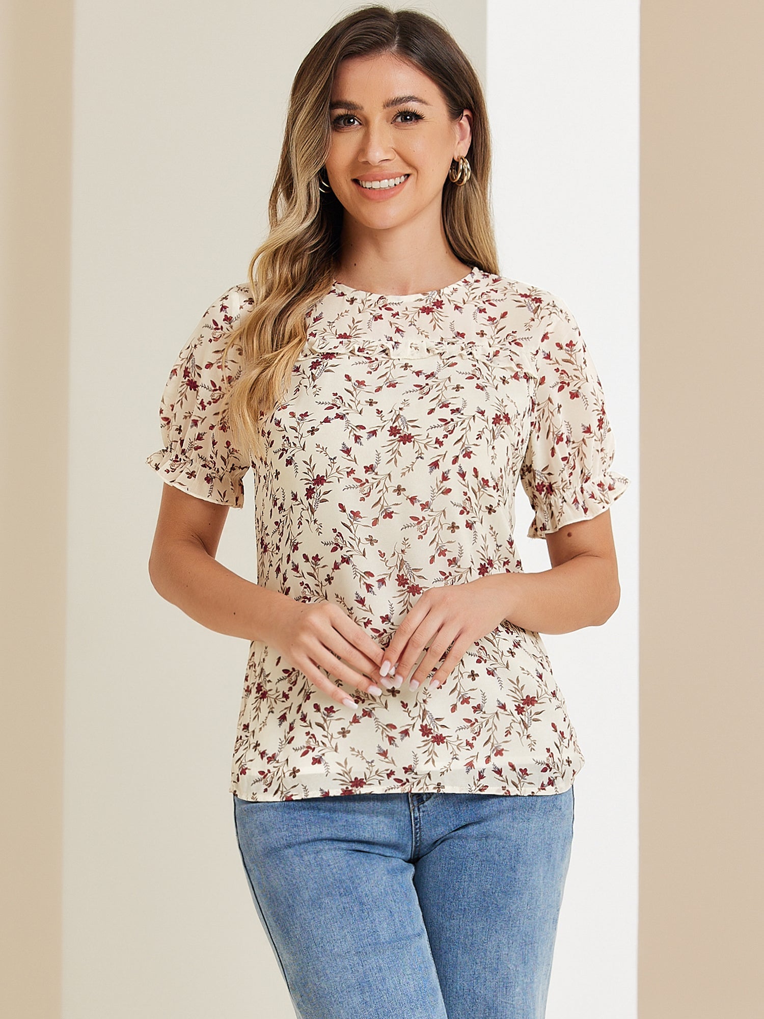 Chiffon Short Sleeve Ruffled Trim Floral Blouse Top