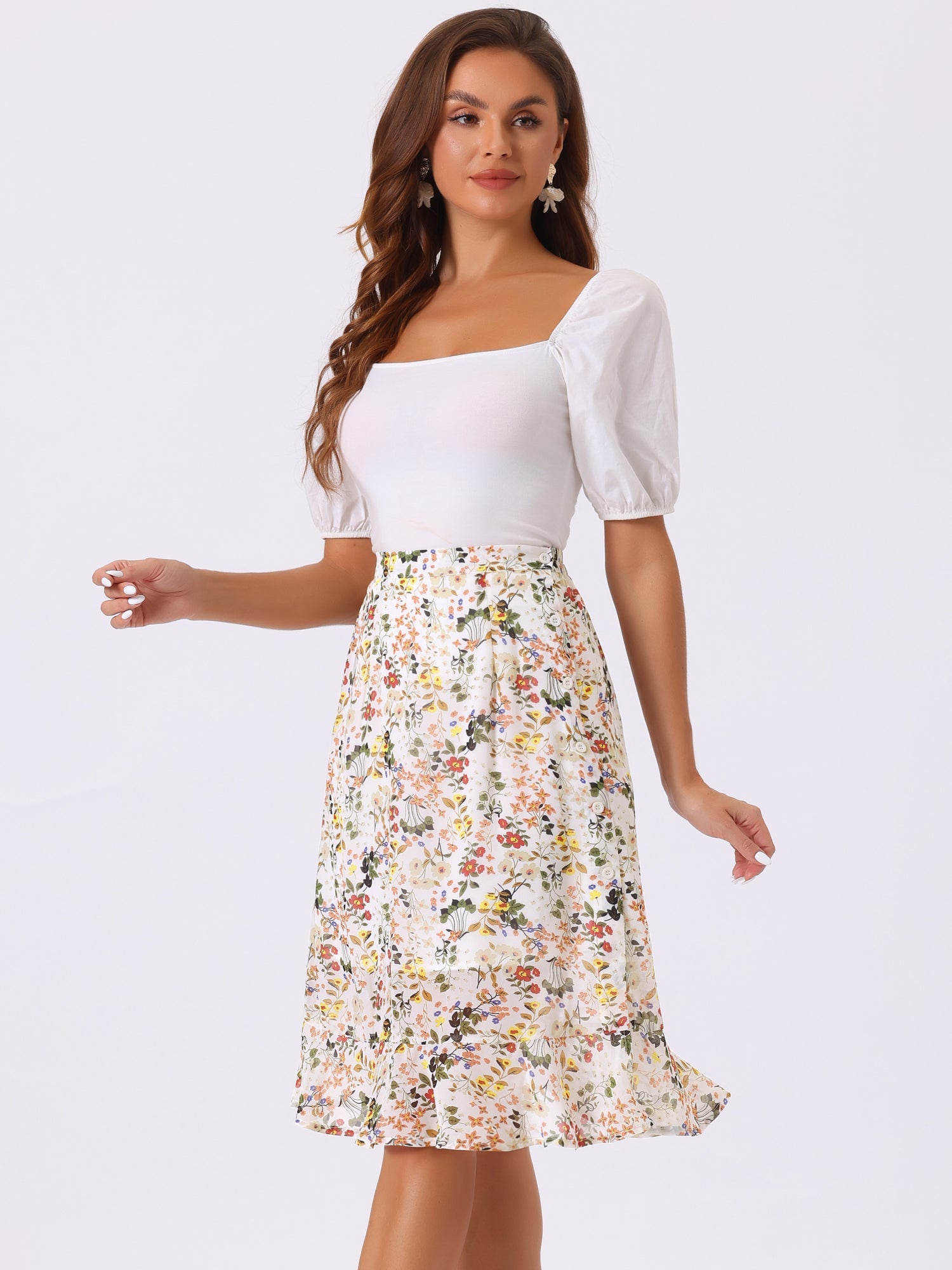 Floral Ruffle Elastic High Waist Button Flowy Split Midi Skirt