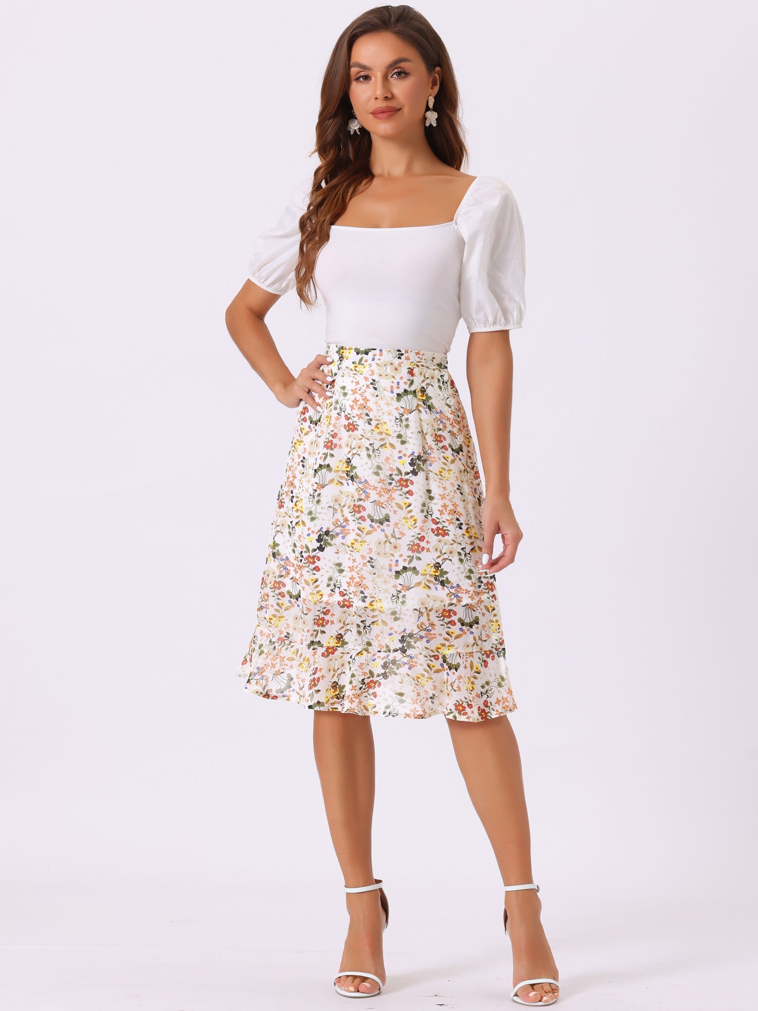 Floral Ruffle Elastic High Waist Button Flowy Split Midi Skirt