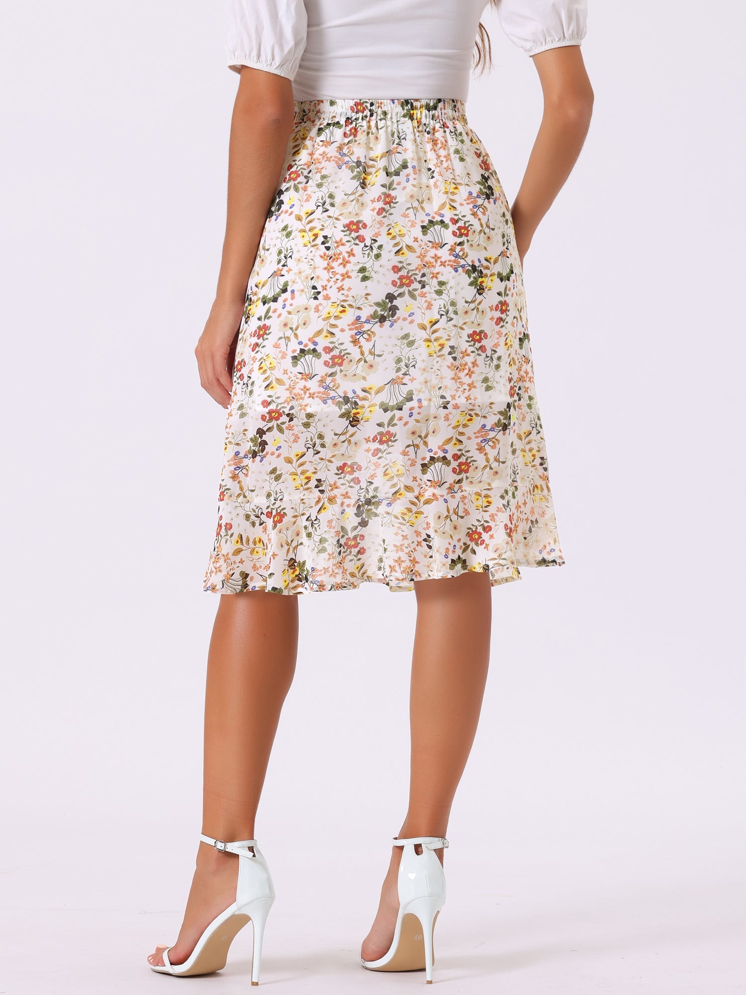 Floral Ruffle Elastic High Waist Button Flowy Split Midi Skirt