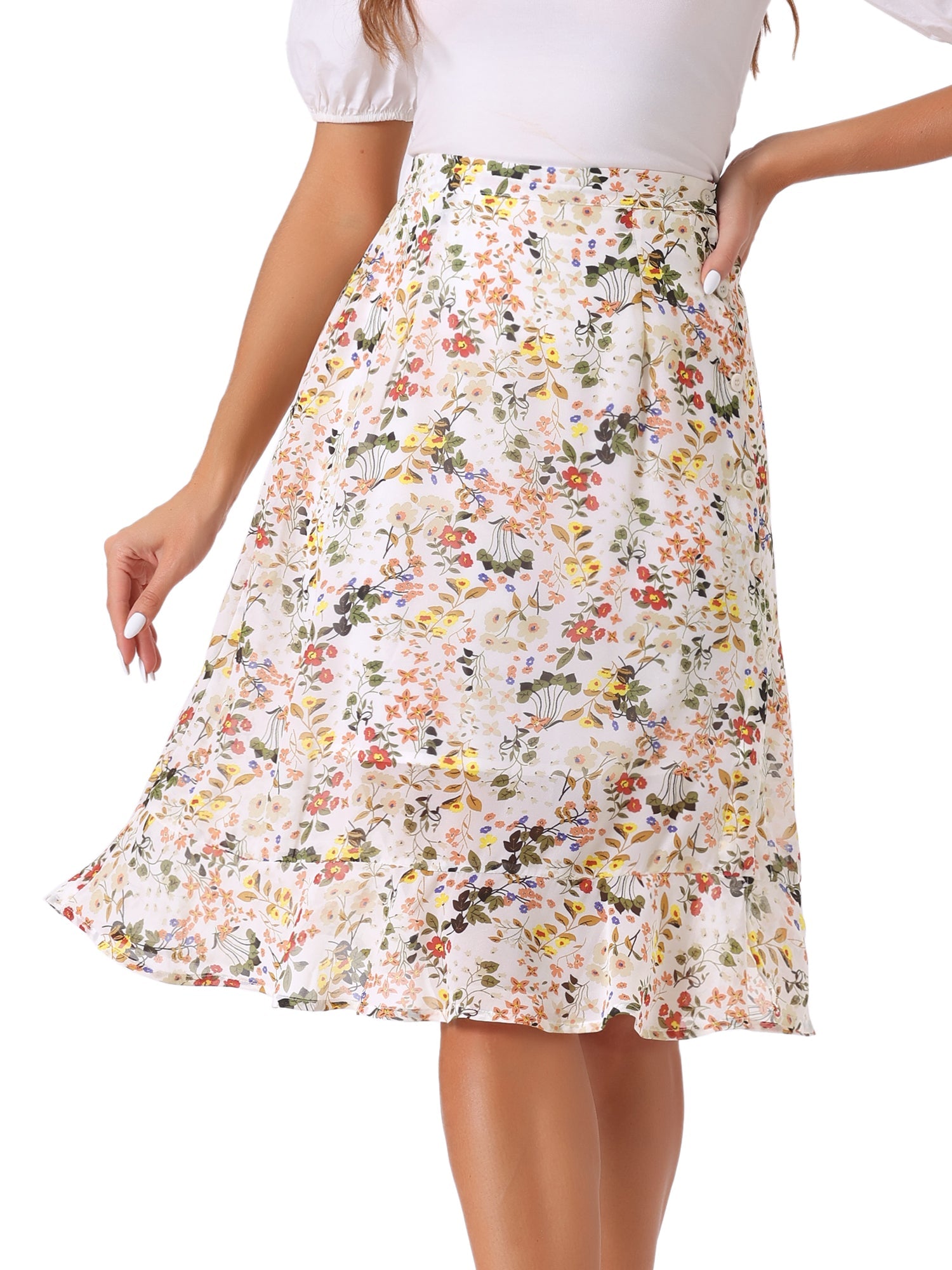 Floral Ruffle Elastic High Waist Button Flowy Split Midi Skirt