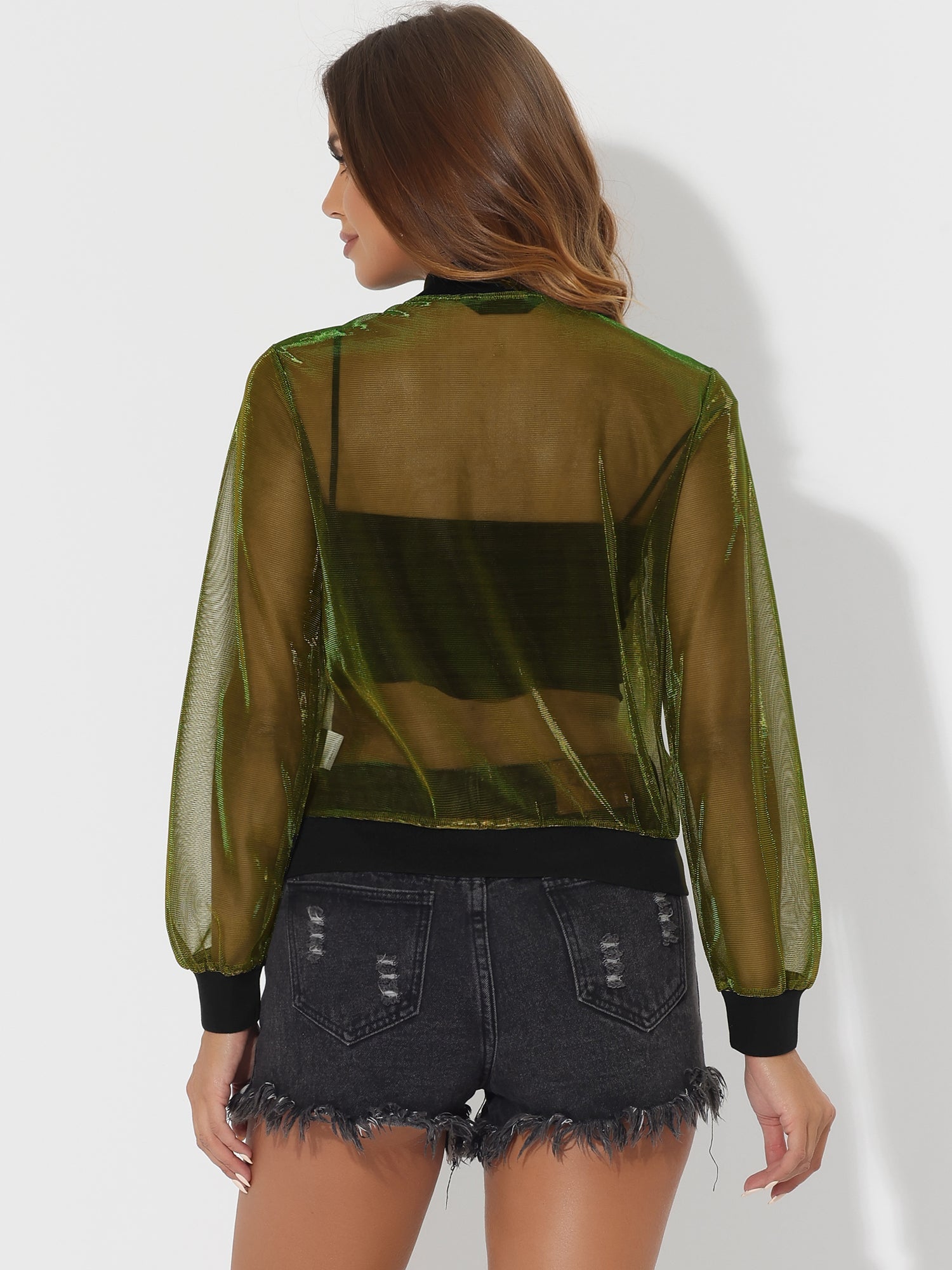 Sheer Mesh Shiny Long Sleeve See Through Zip Up Jacket