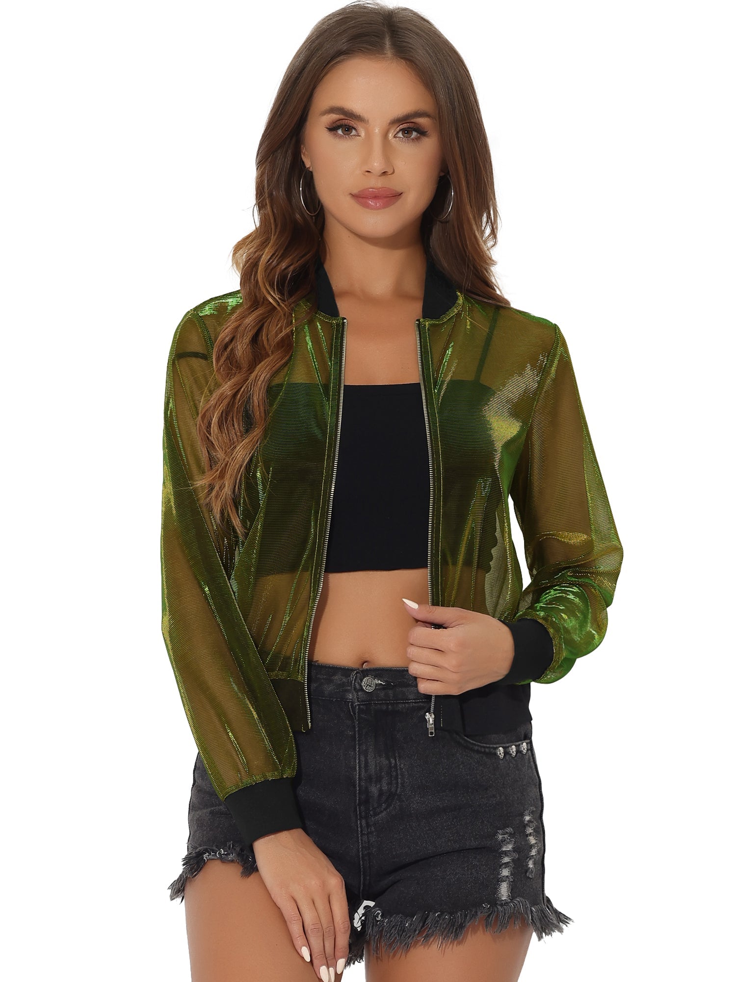 Sheer Mesh Shiny Long Sleeve See Through Zip Up Jacket