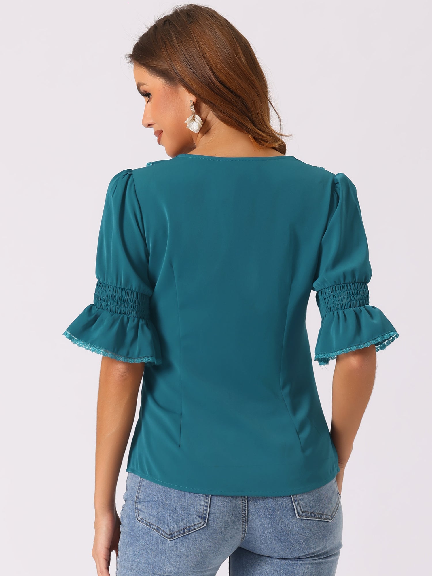 Ruffle Puff Sleeve Lace Trim Chiffon Peasant Blouse