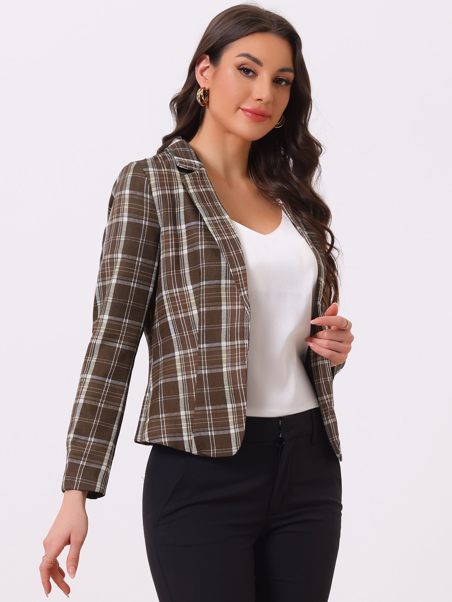 Business Casual Open Front Notch Lapel Plaid Suit Blazer