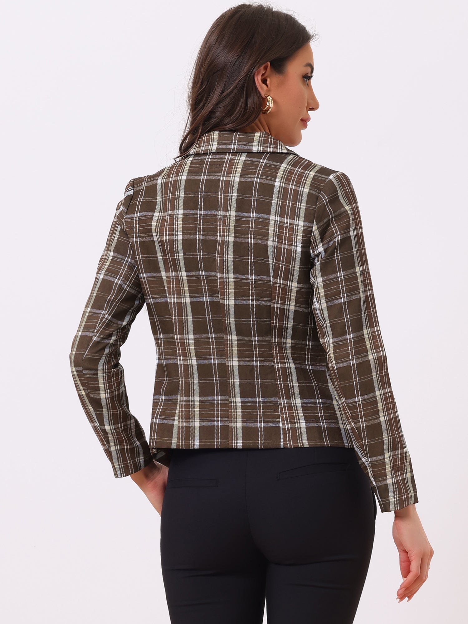 Business Casual Open Front Notch Lapel Plaid Suit Blazer