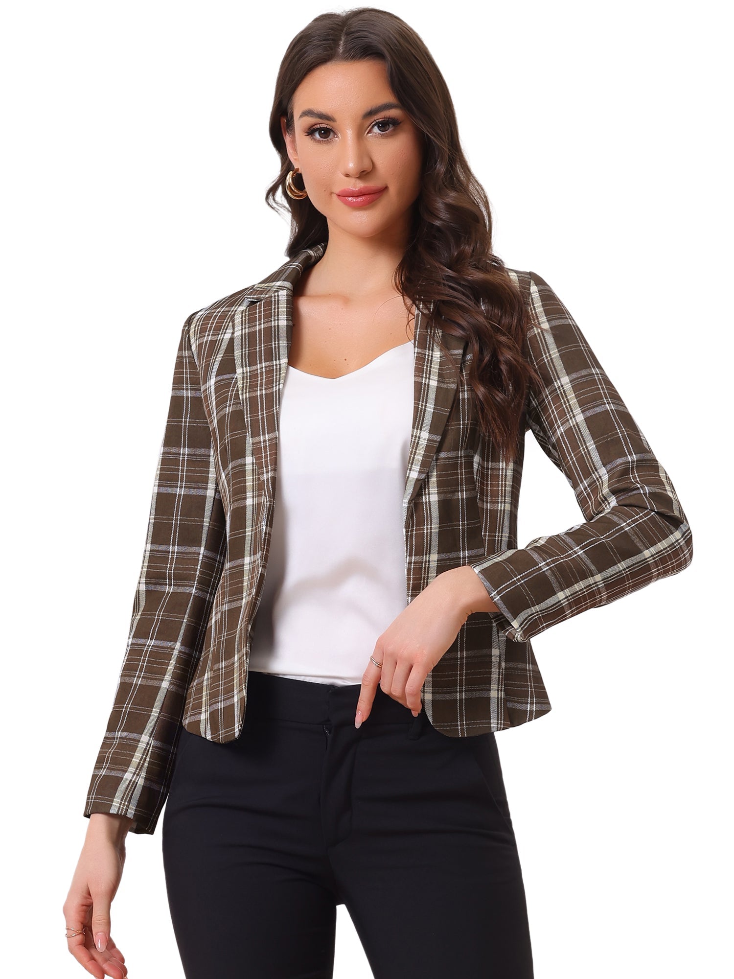 Business Casual Open Front Notch Lapel Plaid Suit Blazer