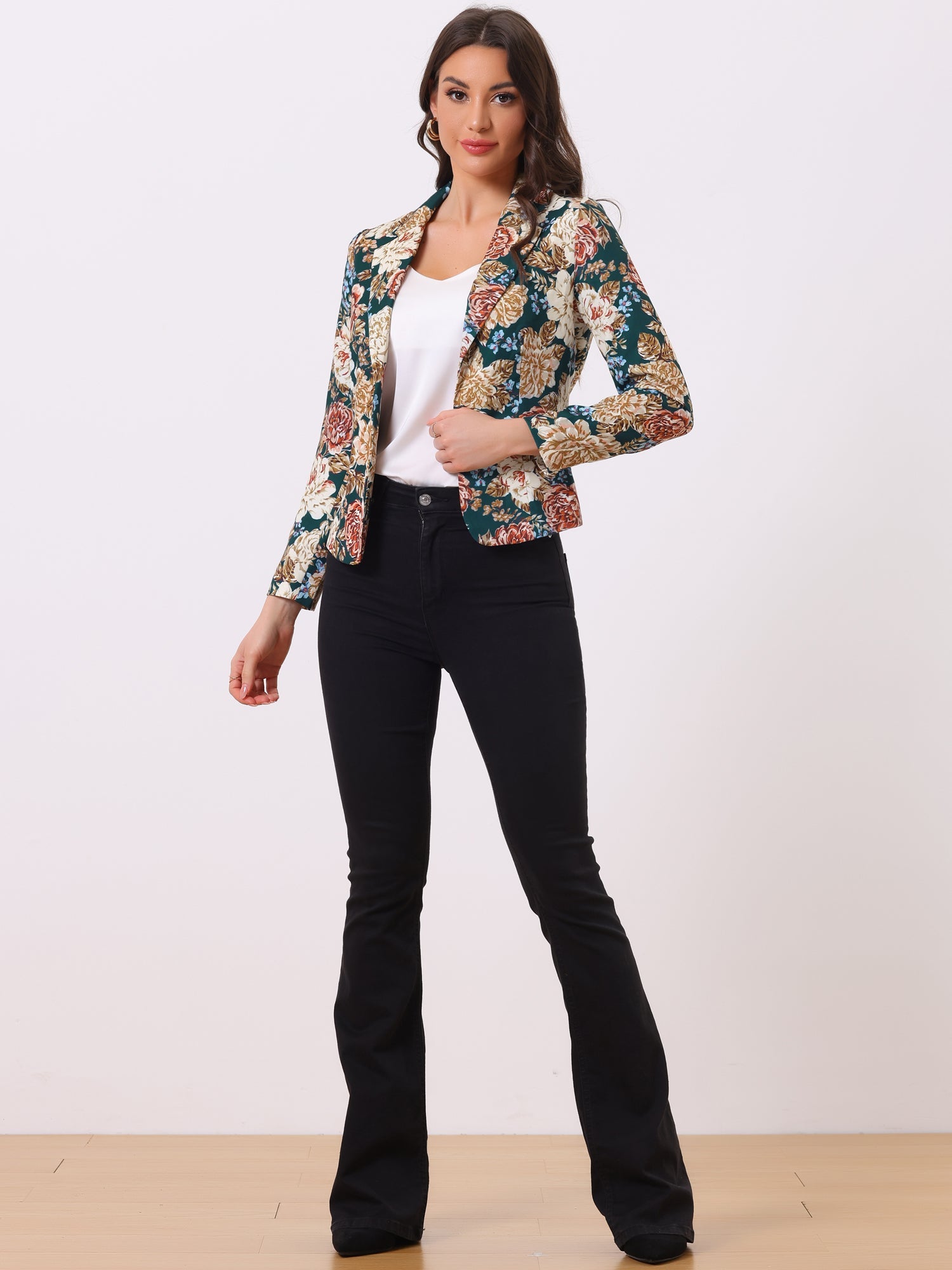 Open Front Notch Lapel Floral Business Casual Suit Blazer