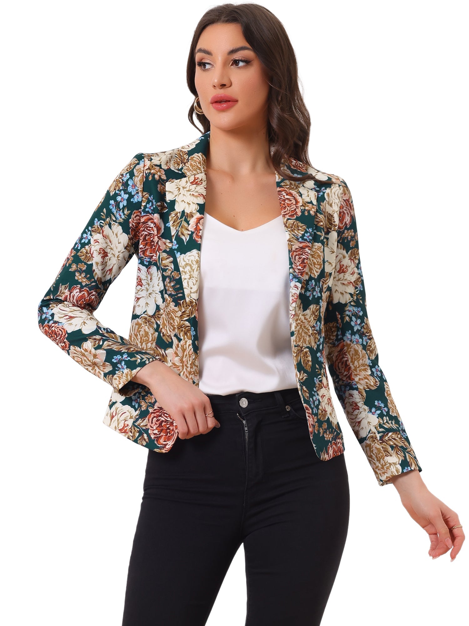 Open Front Notch Lapel Floral Business Casual Suit Blazer