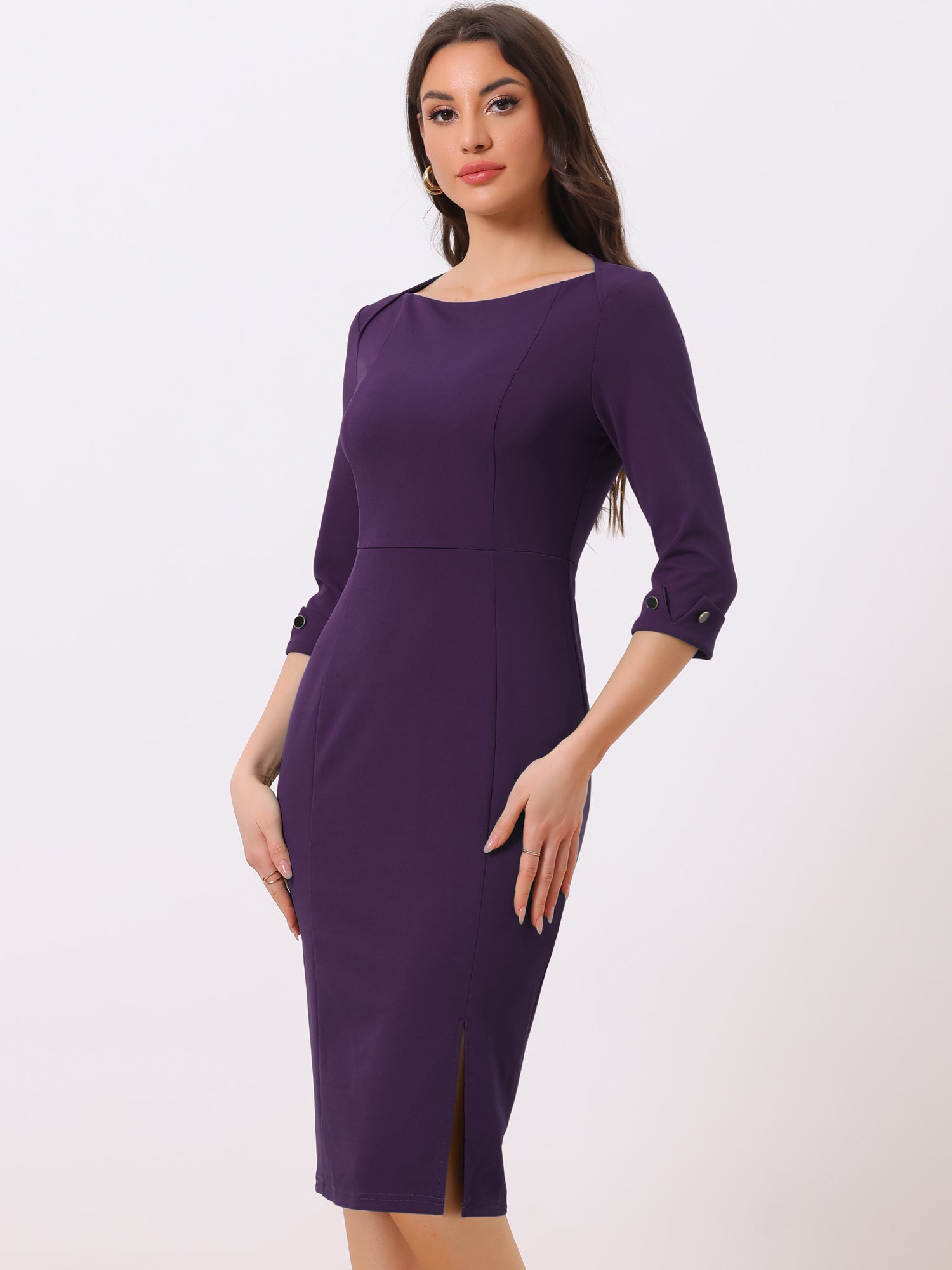 Elegant Boat Neck 3/4 Sleeves Work Midi Split Sheath Dress