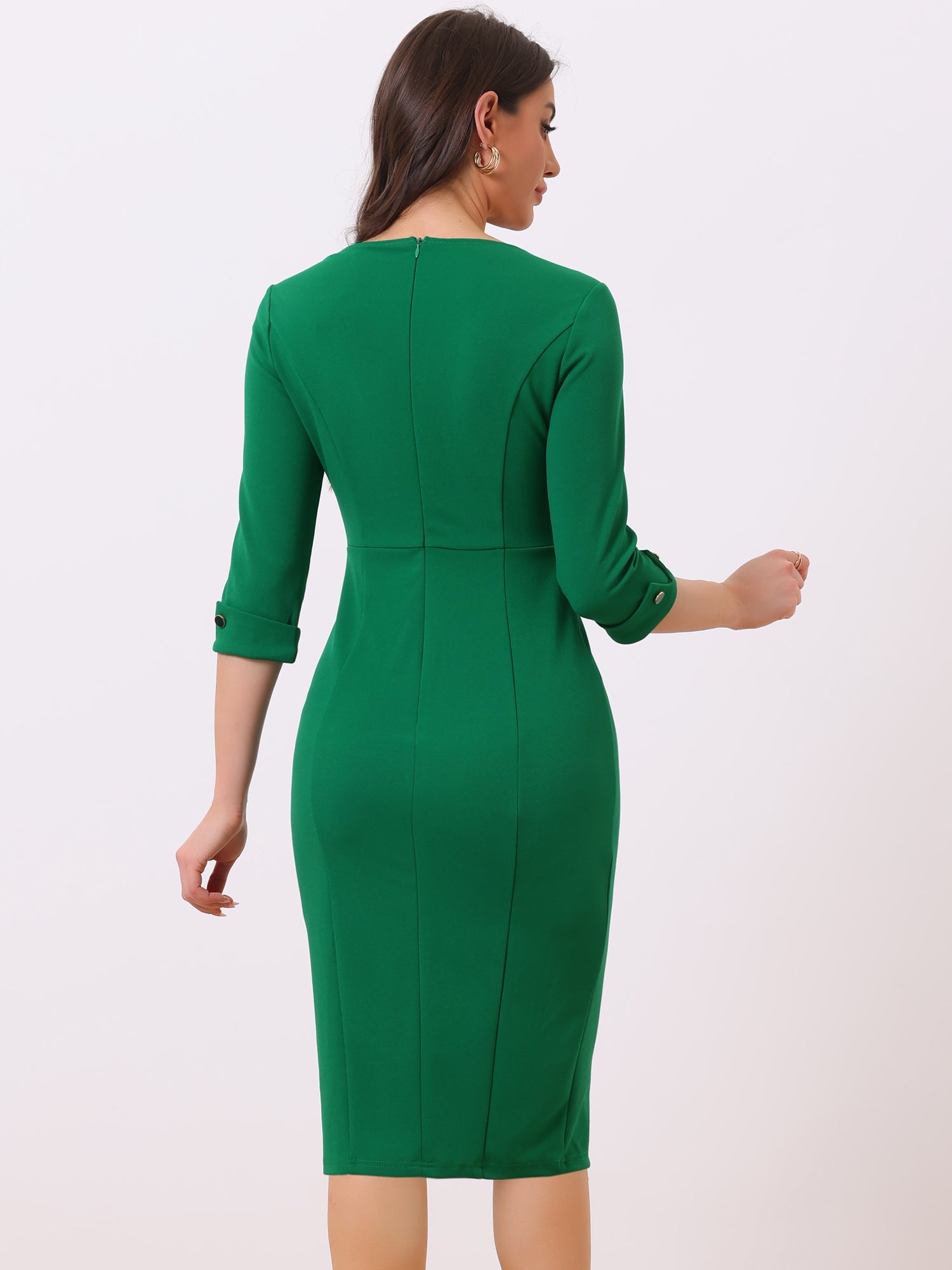 Elegant Boat Neck 3/4 Sleeves Work Midi Split Sheath Dress