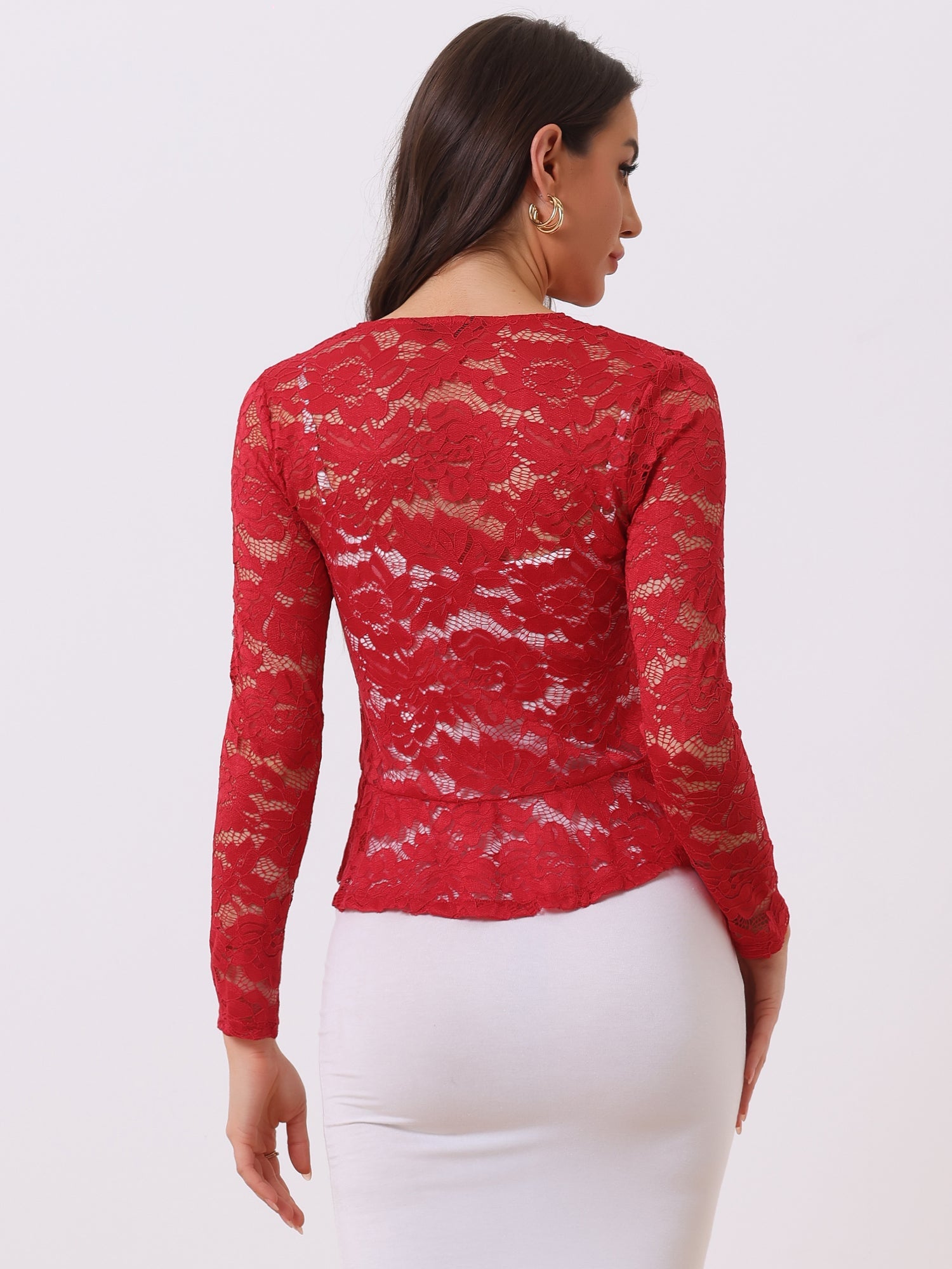 Floral Lace Shrug Tie Front Ruffled Hem Sheer Crop Bolero