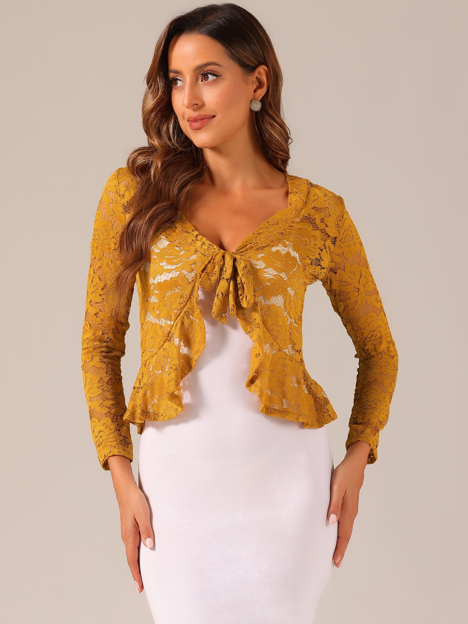 Floral Lace Shrug Tie Front Ruffled Hem Sheer Crop Bolero