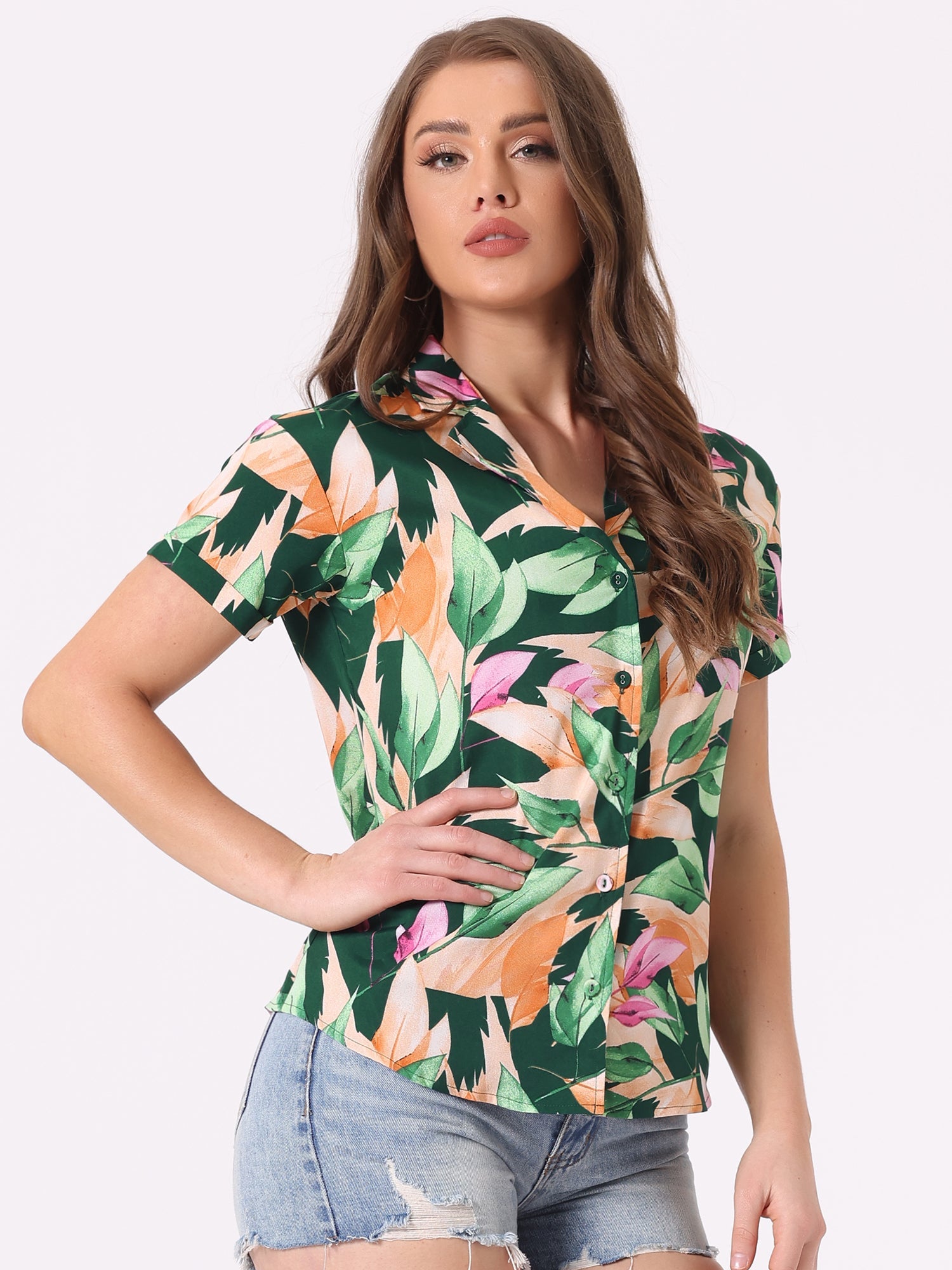Hawaiian Tropical Leaves Floral Short Sleeve Button Down Shirt