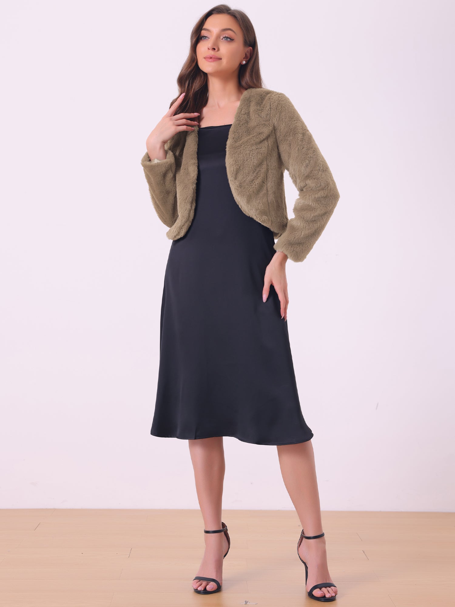Faux Fur Long Sleeve Open Front Bolero Winter Coat Cropped Jacket
