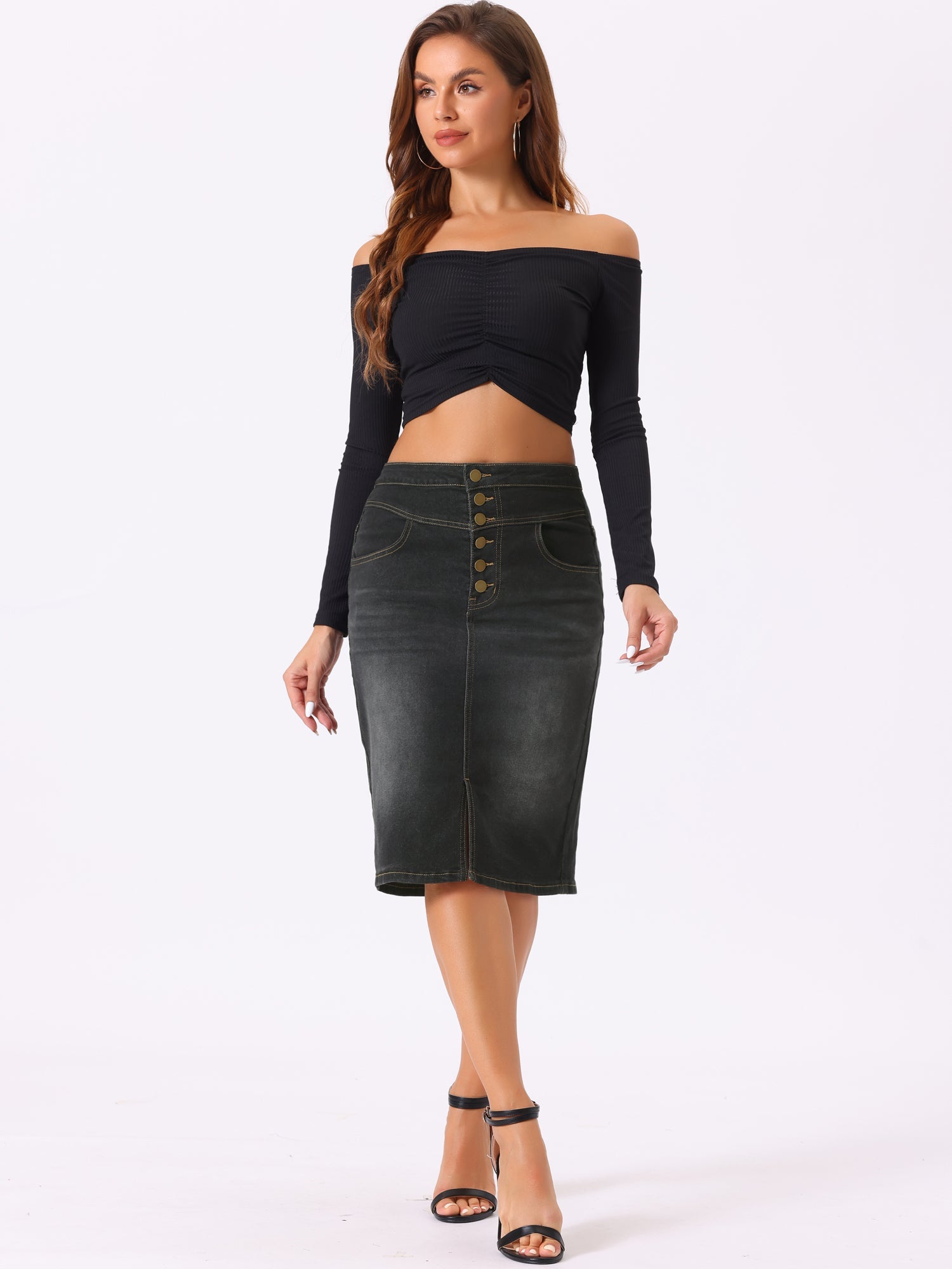 Denim Pencil Button High Waist Split Hem Casual Midi Jean Skirts