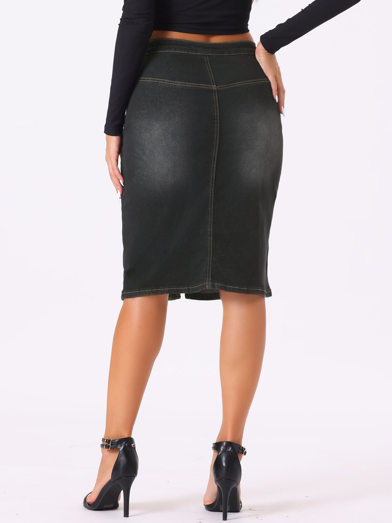 Denim Pencil Button High Waist Split Hem Casual Midi Jean Skirts