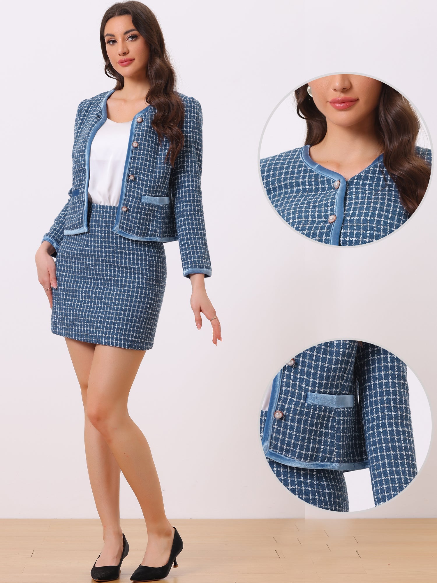2 Piece Outfits Plaid Tweed Cropped Blazer Jacket & Mini Skirt Suit Set
