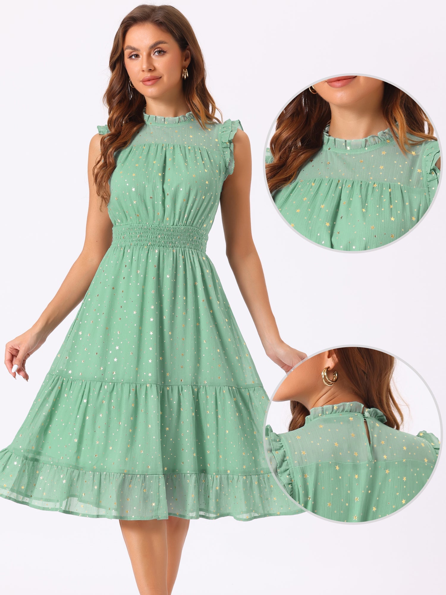 Chiffon Sleeveless Smocked Waist Gilding Metallic Stars Party Dress