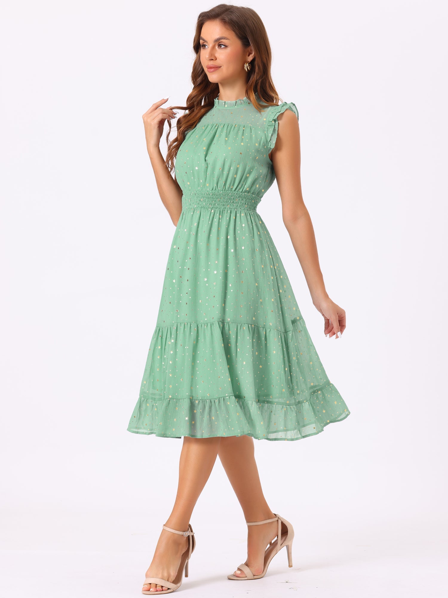 Chiffon Sleeveless Smocked Waist Gilding Metallic Stars Party Dress