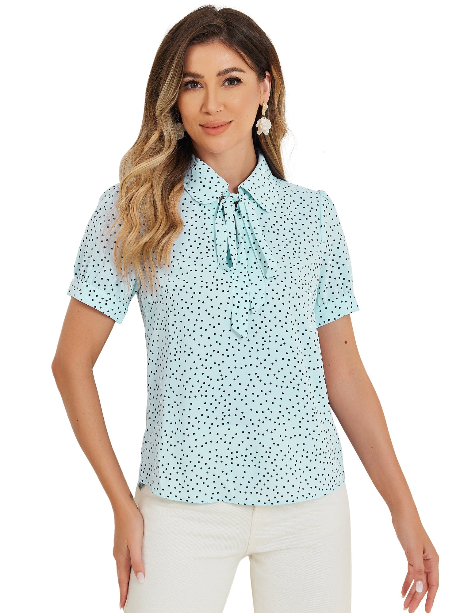 Retro Dots Bow Tie Peter Pan Collar Chiffon Blouse