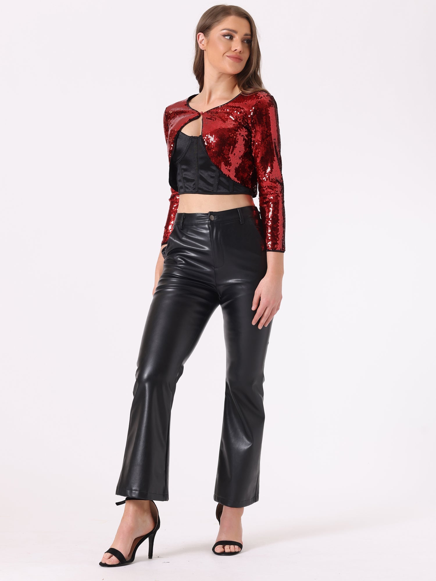 Women's Sequin Jacket Sparkly Party Long Sleeve Open Front Crop Bolero Shrug Cardigan