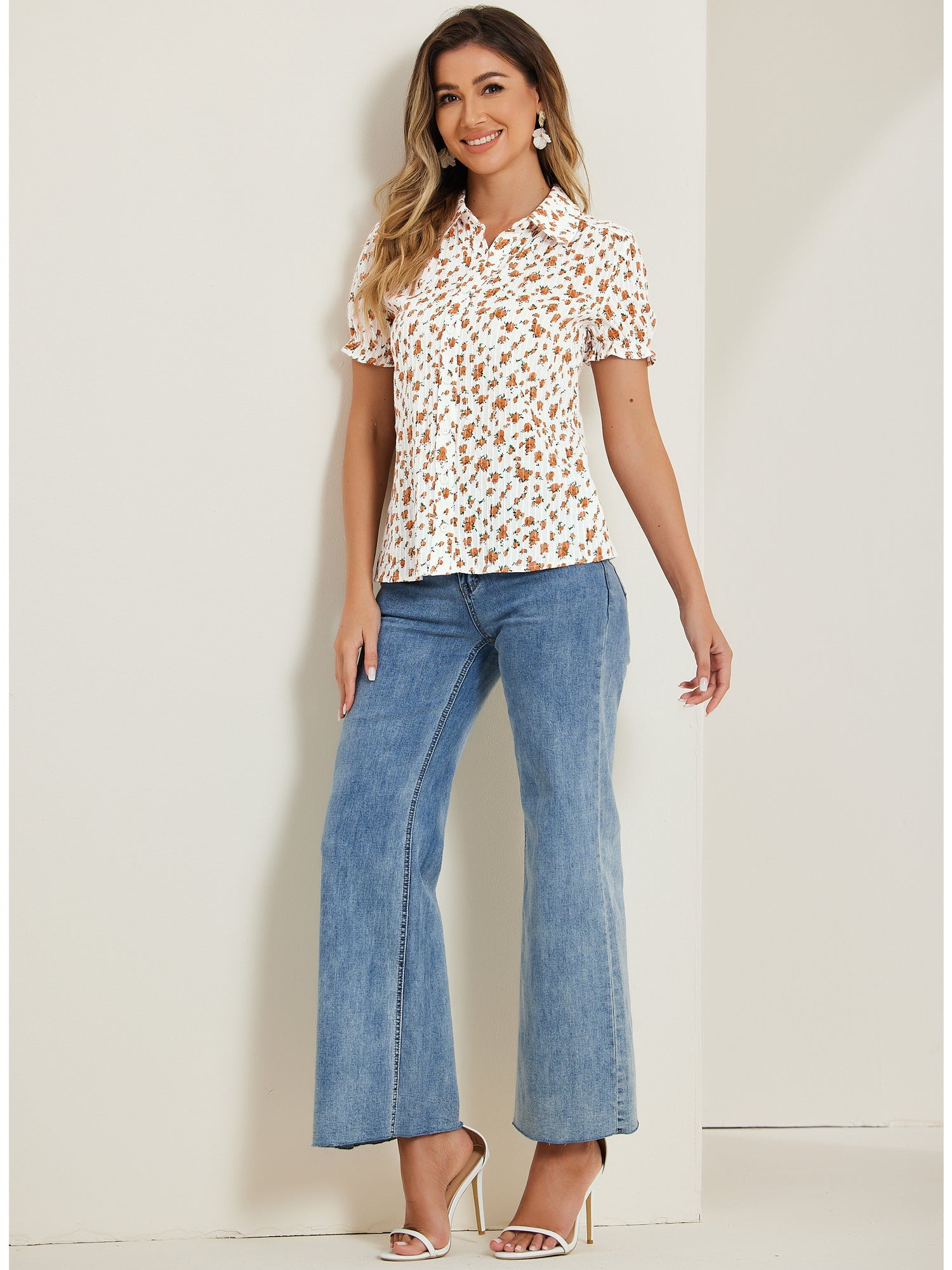 Floral Printed Peter Pan Collar Cotton Short Sleeve Shirt