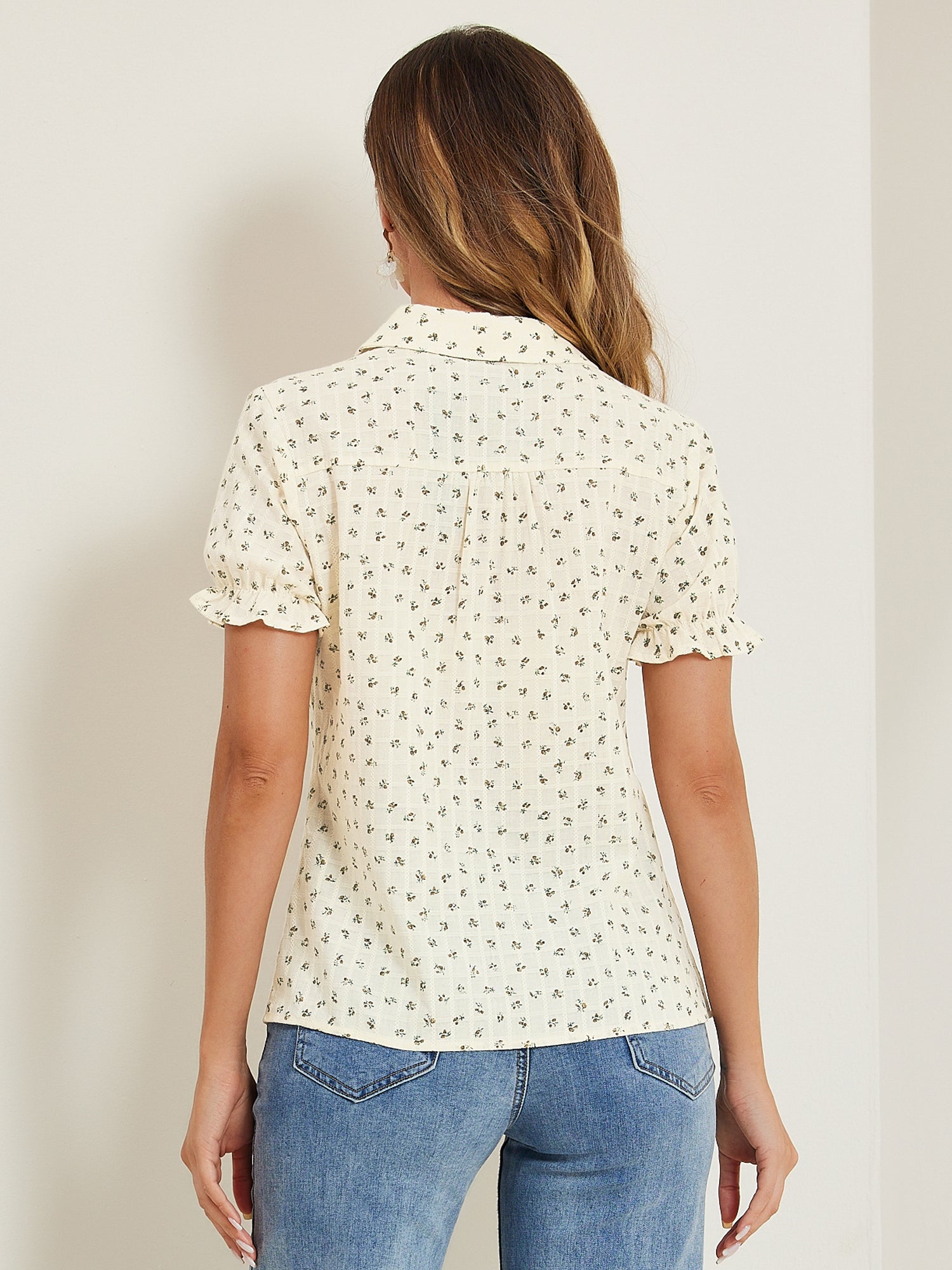 Floral Printed Peter Pan Collar Cotton Short Sleeve Shirt